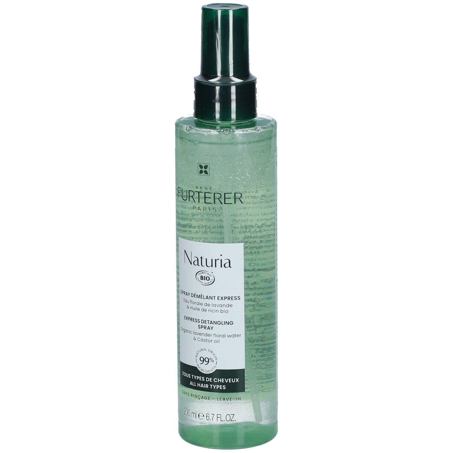 Flacon spray vert avec tête noire. Inscriptions: FURTERER PARIS, Naturia, Spray démêlant express, 200 ml.