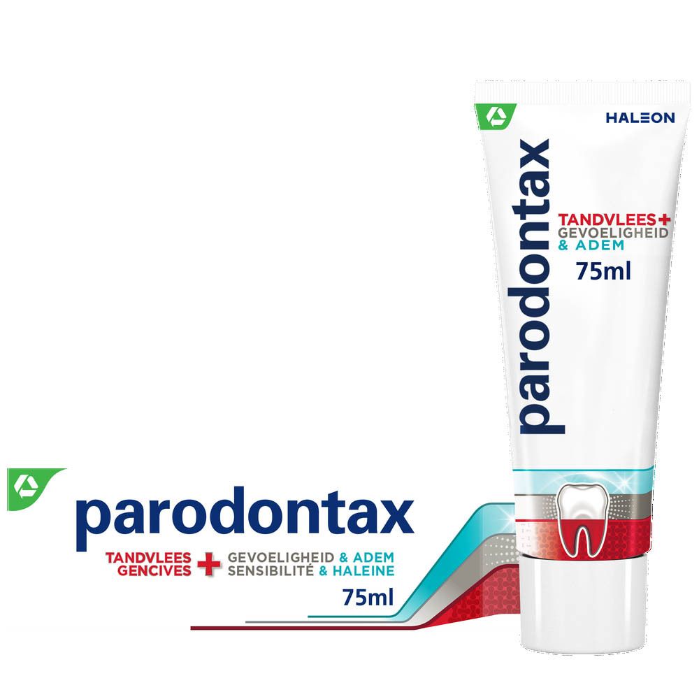 Tube de dentifrice. Blanc, bleu, rouge. Logo Parodontax. Texte : Gencives, Sensibilité, Haleine. 75ml.