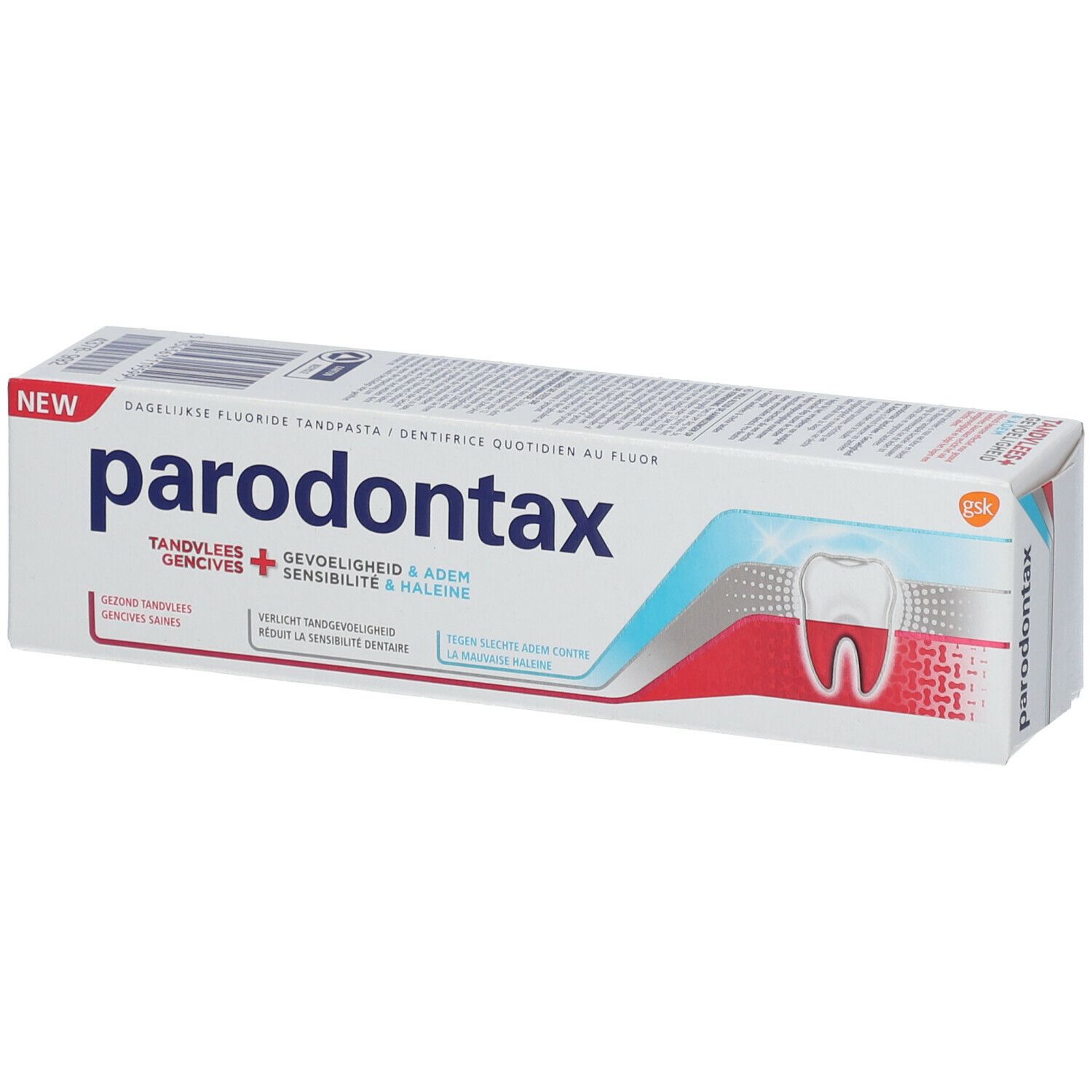 Boîte de dentifrice. Blanc, bleu, rouge. Logo Parodontax. Texte : Gencives, Sensibilité, Haleine.