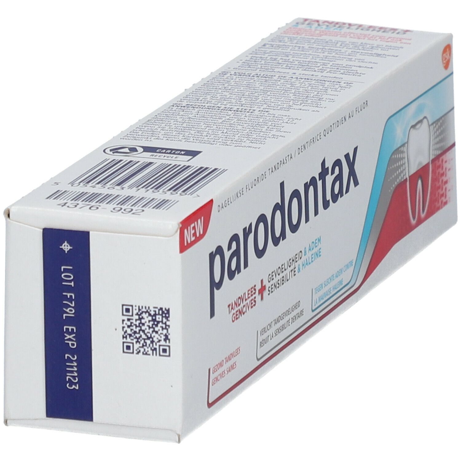 Boîte de dentifrice. Blanc, bleu, rouge. Logo Parodontax. Texte : Gencives, Sensibilité, Haleine.