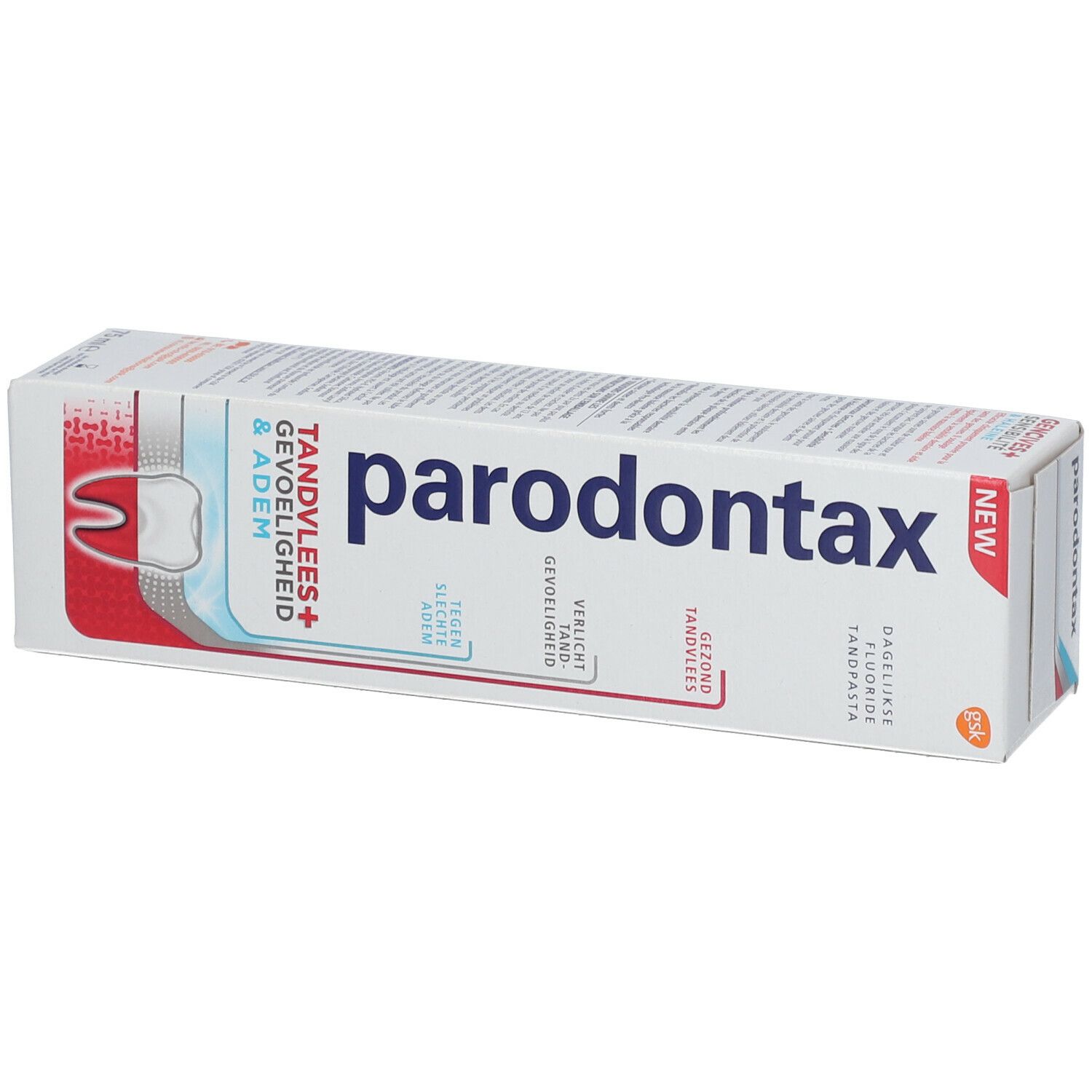 Boîte de dentifrice. Blanc, bleu, rouge. Logo Parodontax. Texte : Gencives, Sensibilité, Haleine.