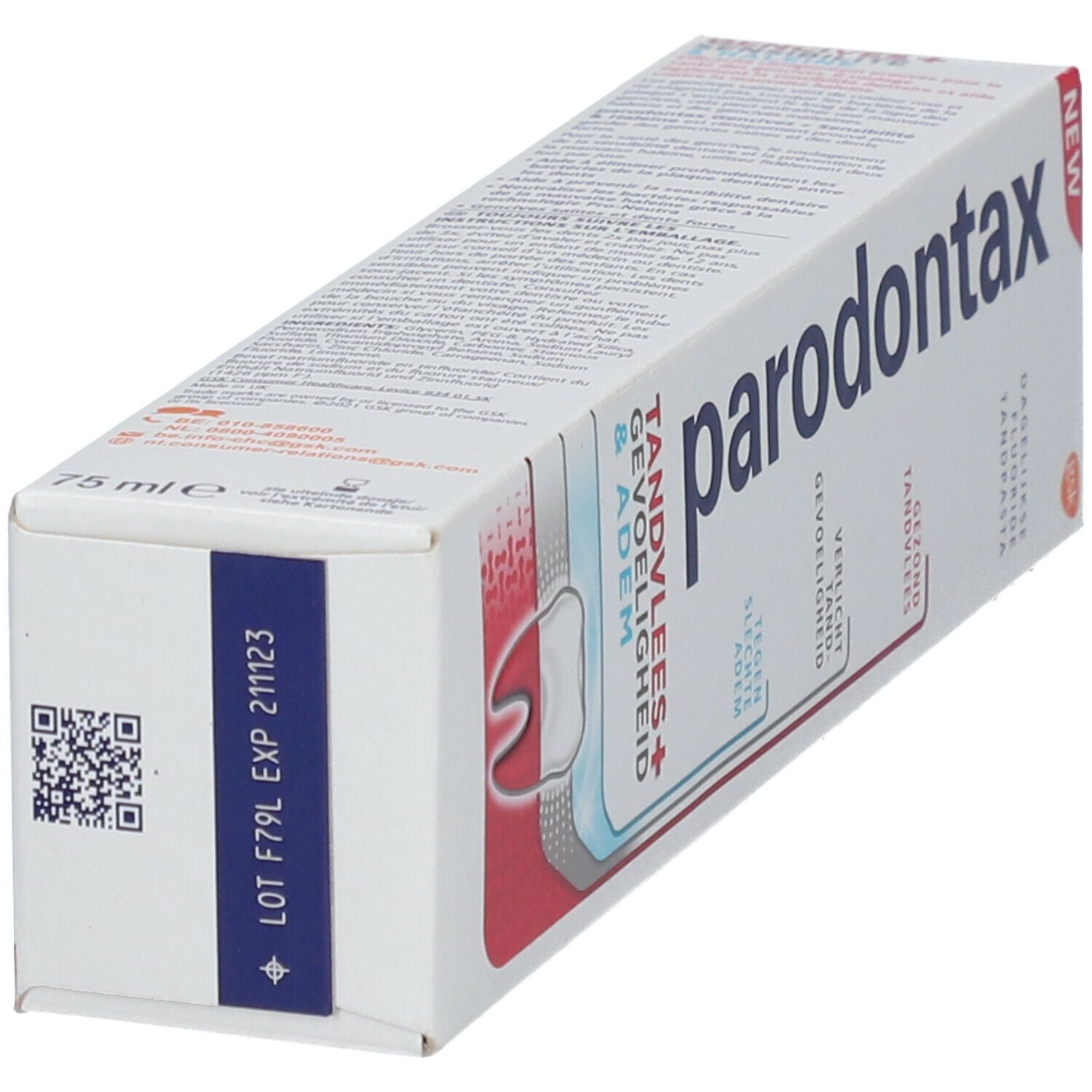 Boîte de dentifrice. Blanc, bleu, rouge. Logo Parodontax. Texte : Gencives, Sensibilité, Haleine.