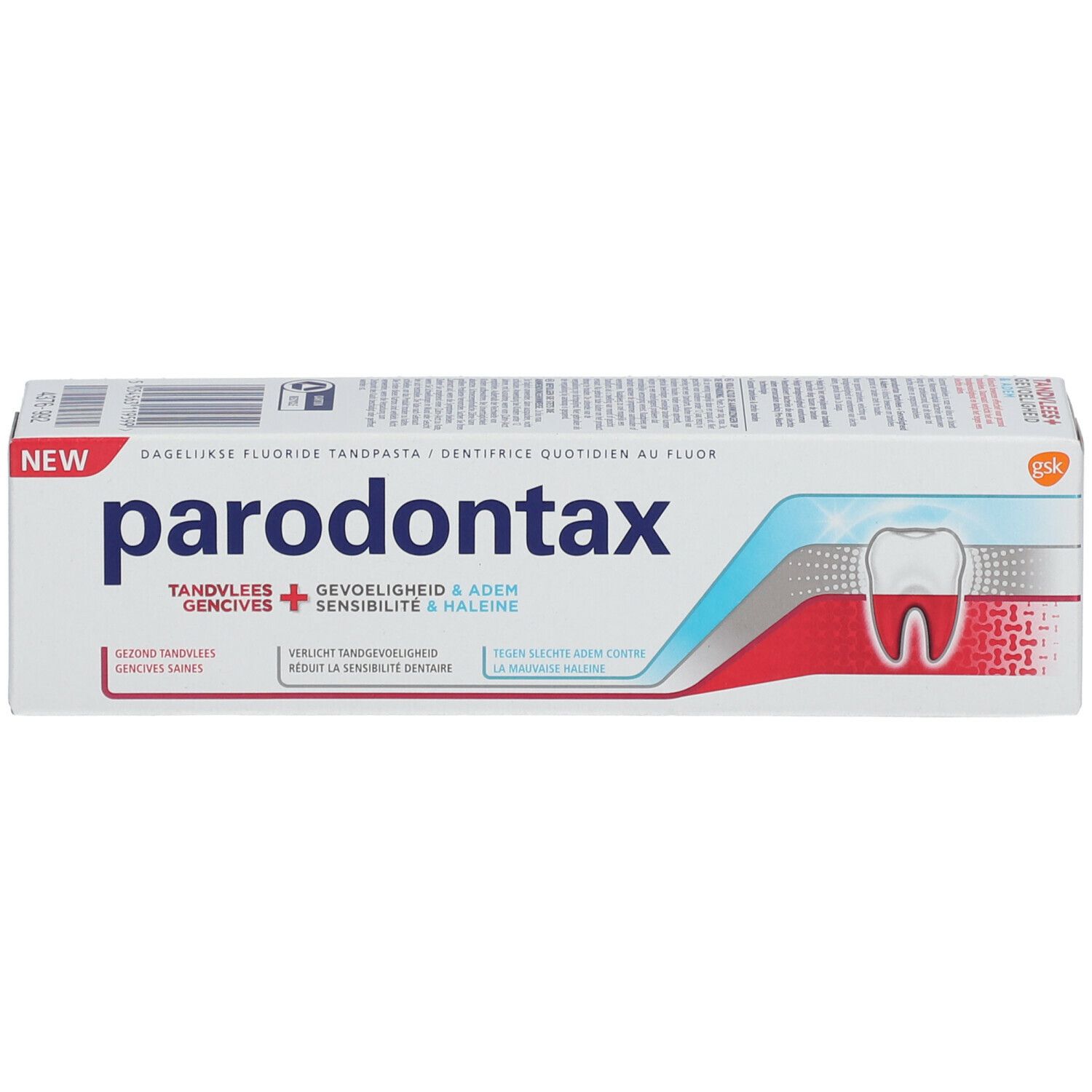 Boîte de dentifrice. Blanc, bleu, rouge. Logo Parodontax. Texte : Gencives, Sensibilité, Haleine.