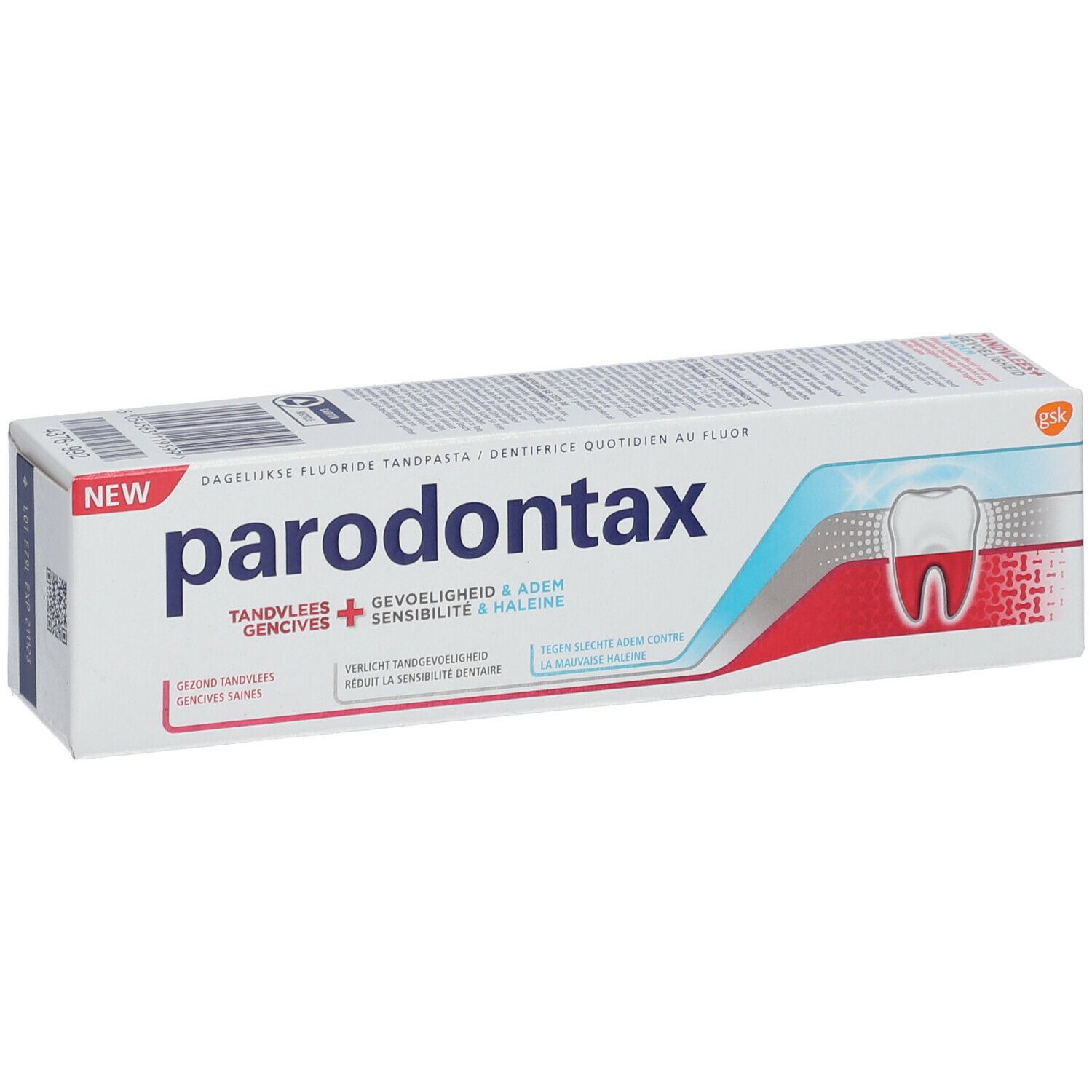 Boîte de dentifrice. Blanc, bleu, rouge. Logo Parodontax. Texte : Gencives, Sensibilité, Haleine.
