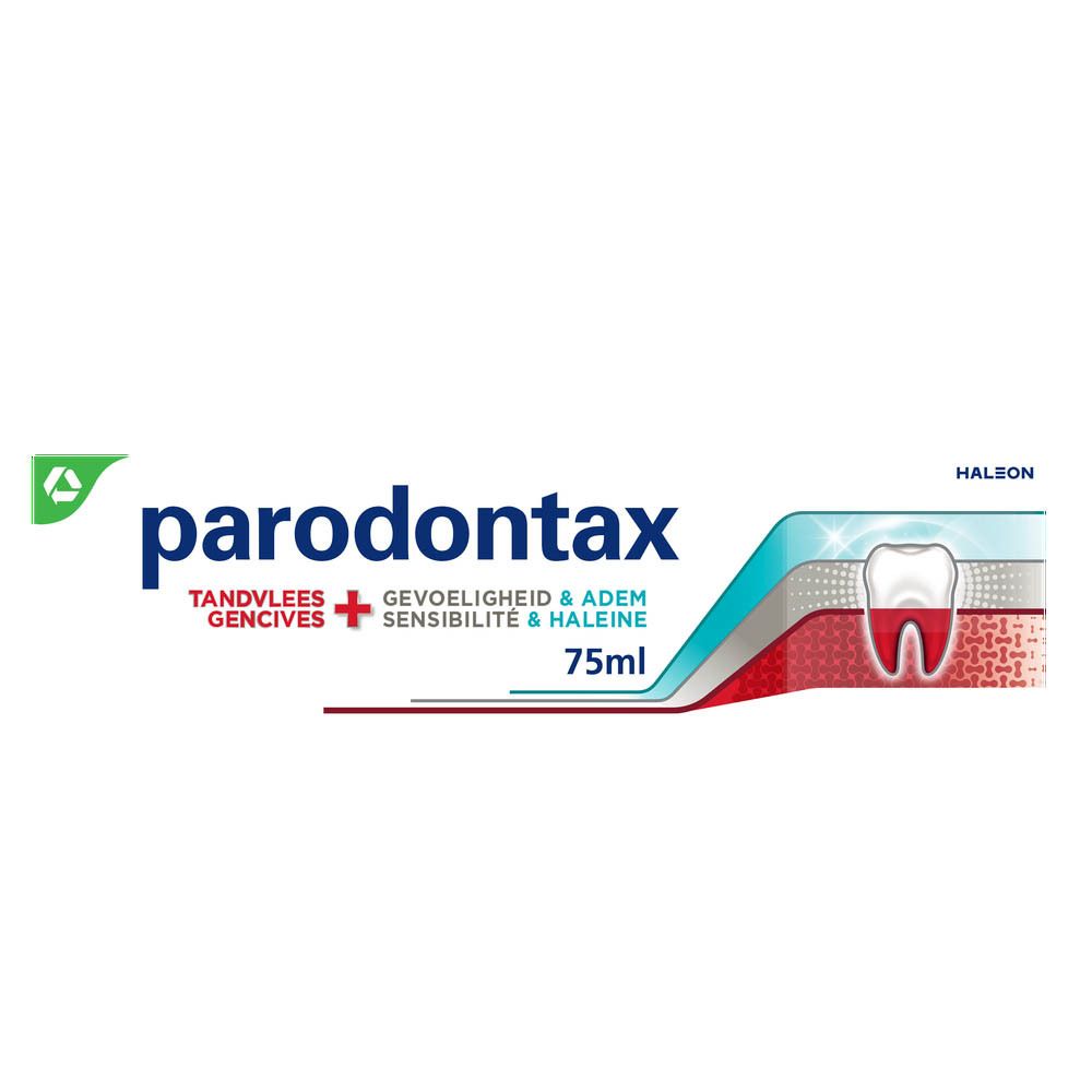 Tube de dentifrice. Blanc, bleu, rouge. Logo Parodontax. Texte : Gencives, Sensibilité, Haleine. 75ml.