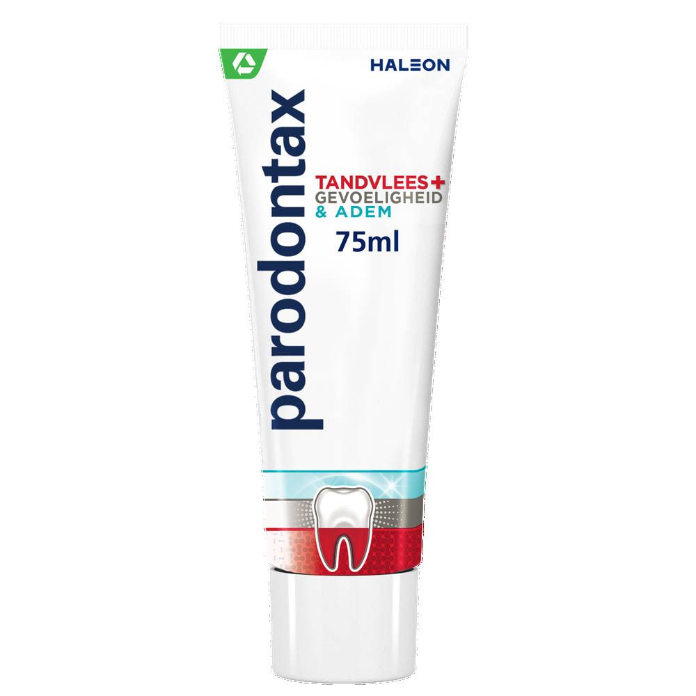Tube de dentifrice. Blanc, bleu, rouge. Logo Parodontax. Texte : Gencives, Sensibilité, Haleine. 75ml.
