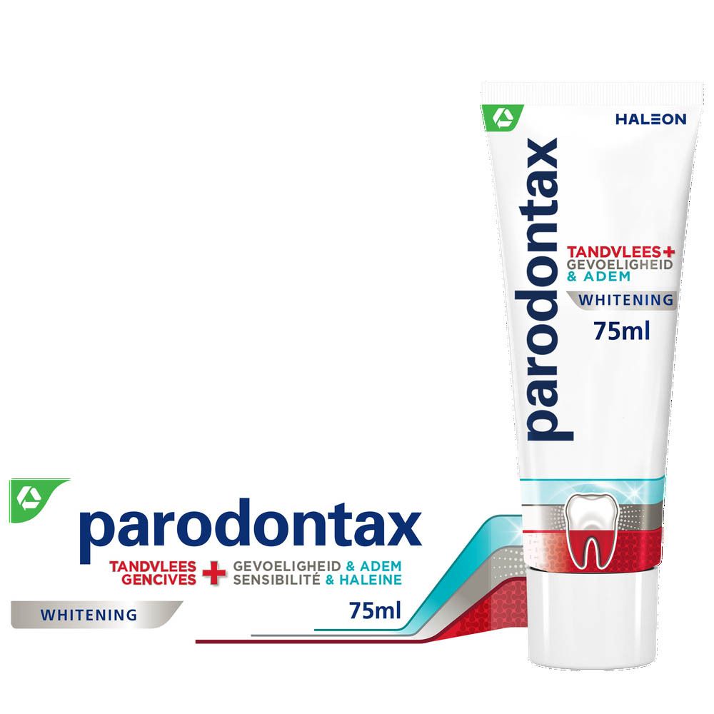 Tube de dentifrice Parodontax. Blanc, rouge et bleu. Texte : Whitening, gencives, sensibilité & haleine.