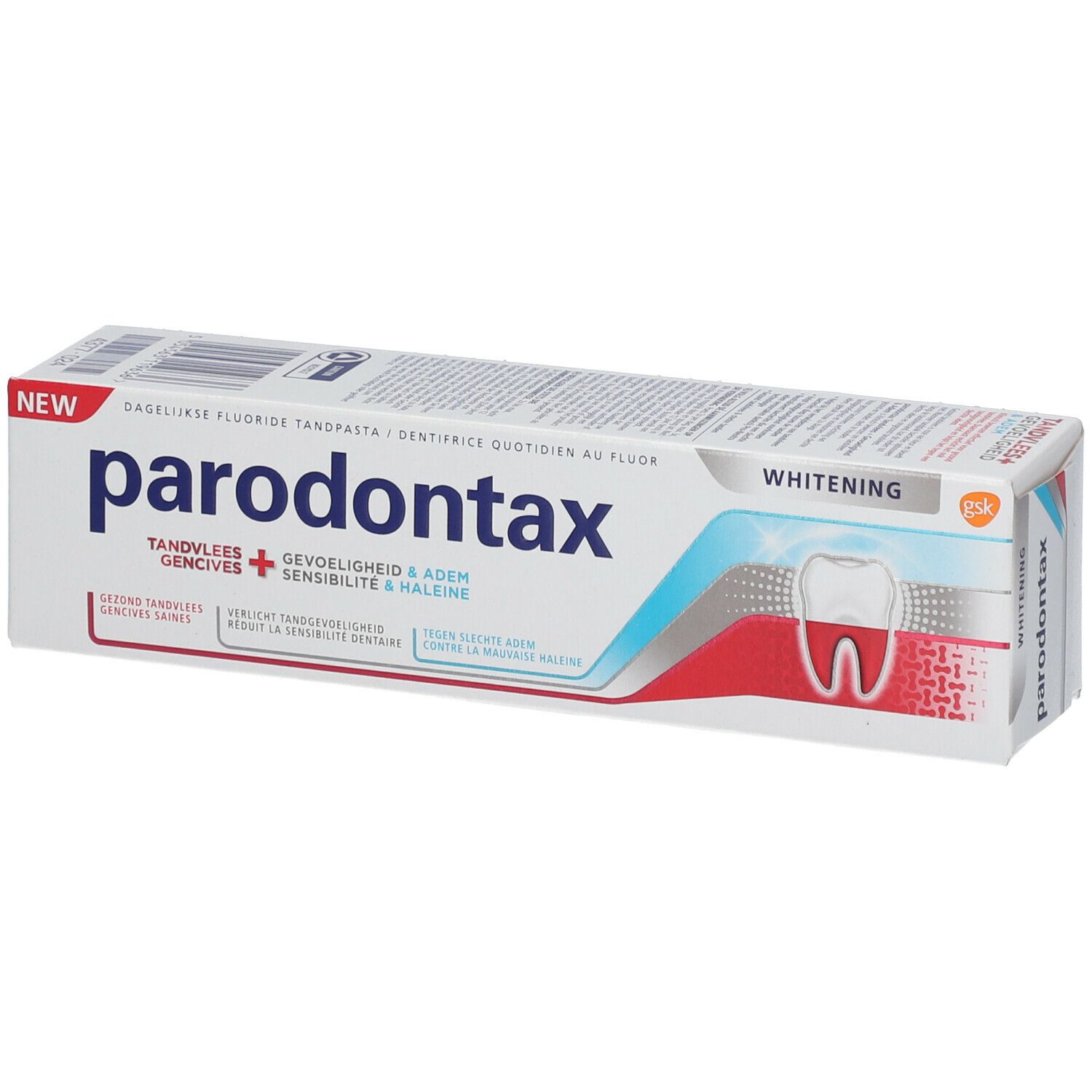 Emballage de dentifrice Parodontax. Blanc, rouge et bleu. Texte : Whitening, gencives, sensibilité & haleine.