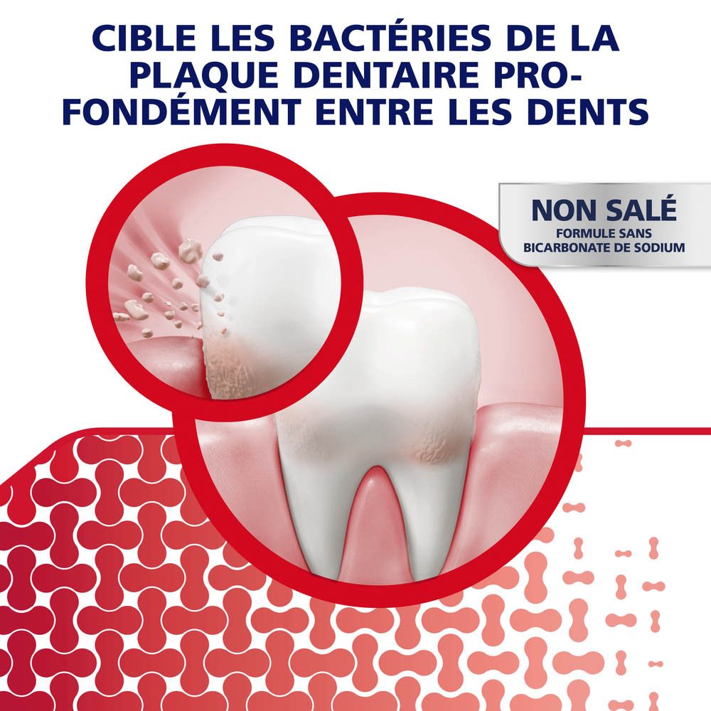 Emballage de dentifrice Parodontax. Blanc, rouge et bleu. Texte : Whitening, gencives, sensibilité & haleine.