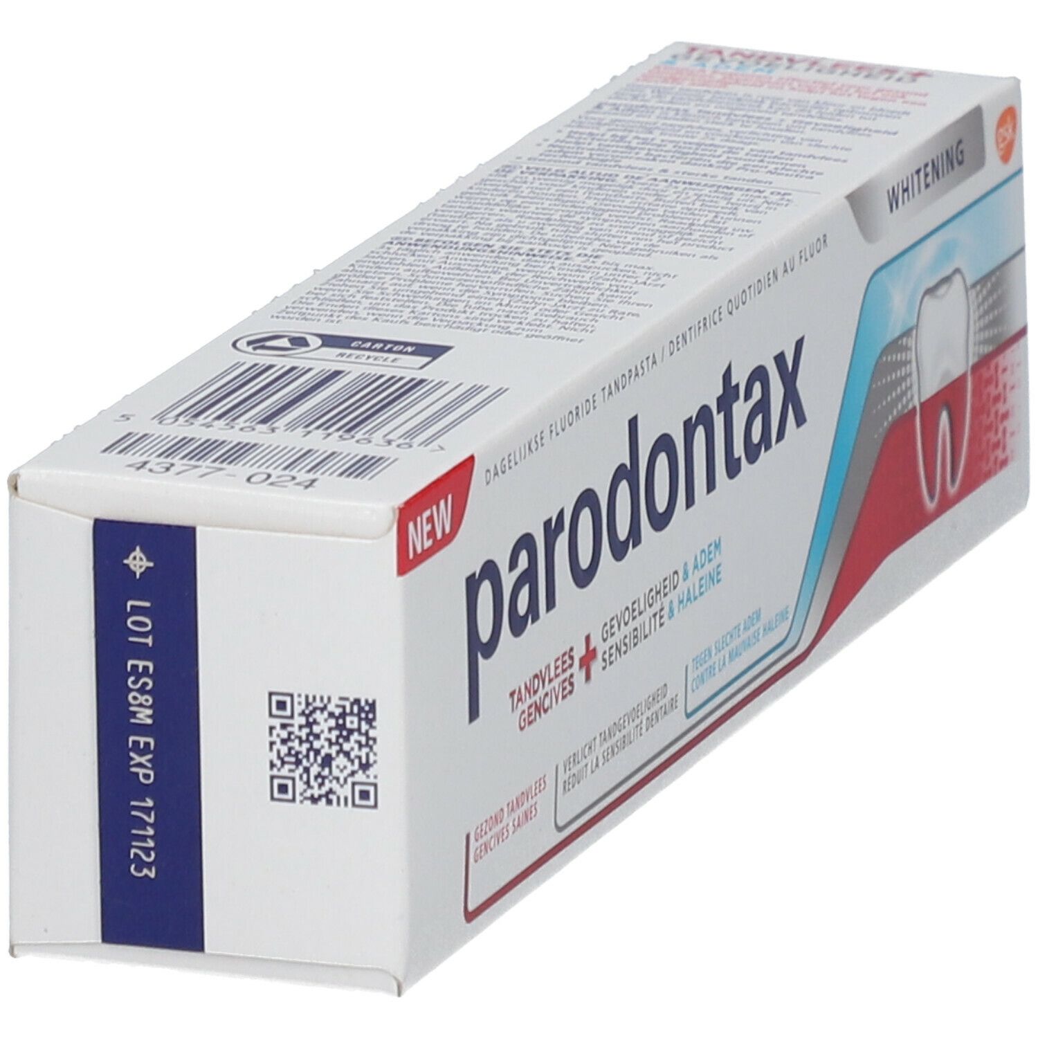 Emballage de dentifrice Parodontax. Blanc, rouge et bleu. Texte : Whitening, gencives, sensibilité & haleine.