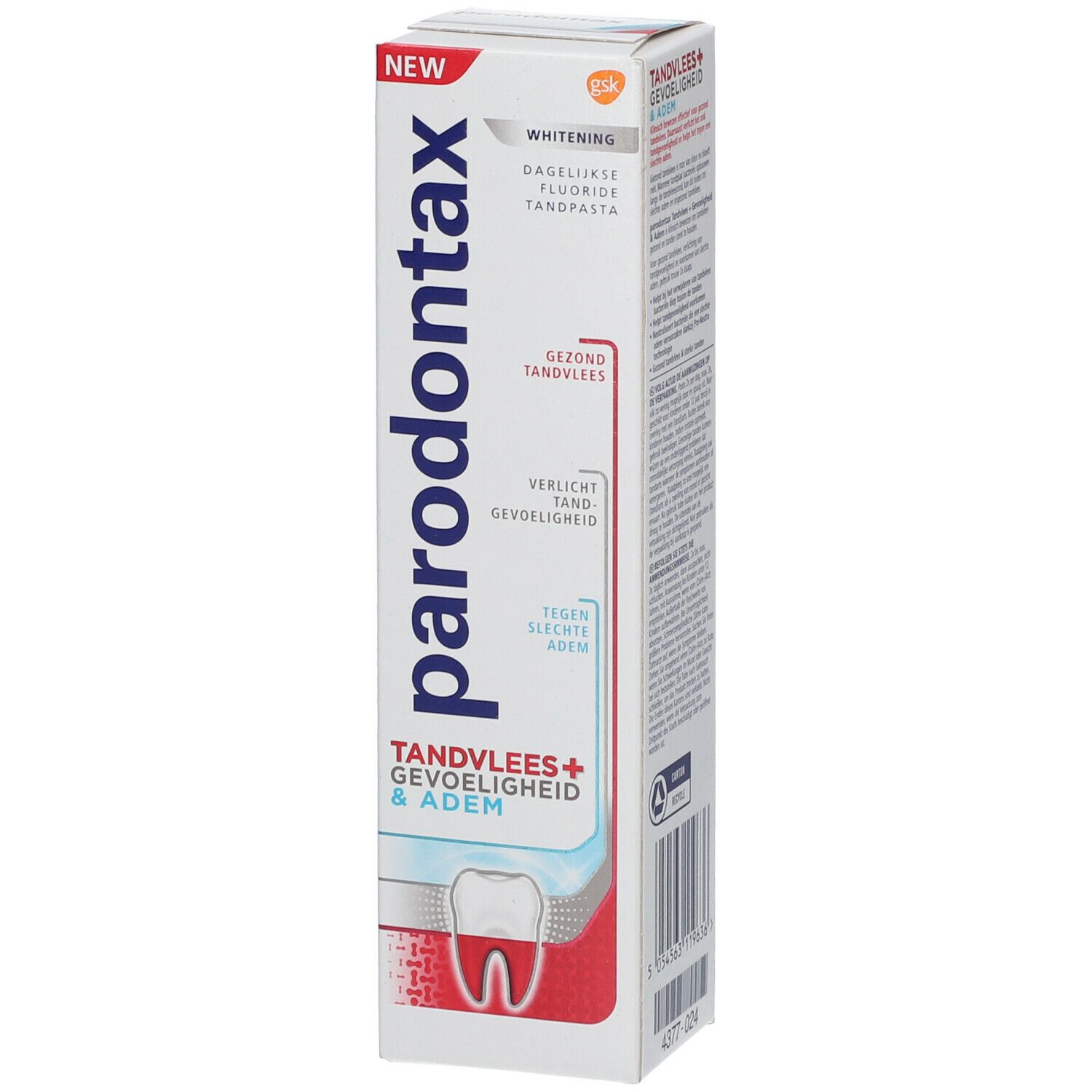 Emballage de dentifrice Parodontax. Blanc, rouge et bleu. Texte : Whitening, gencives, sensibilité & haleine.