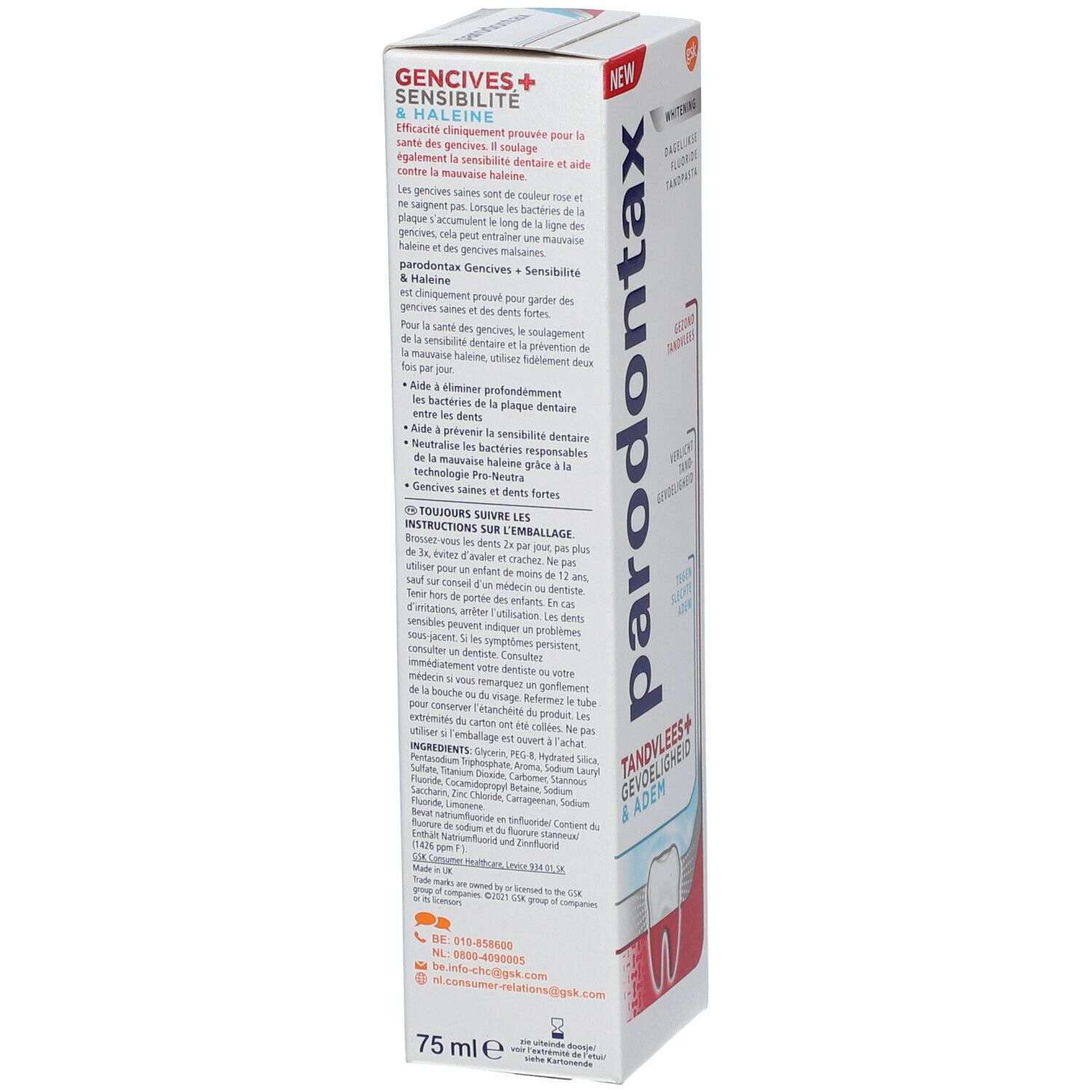 Emballage de dentifrice Parodontax. Blanc, rouge et bleu. Texte : Whitening, gencives, sensibilité & haleine.