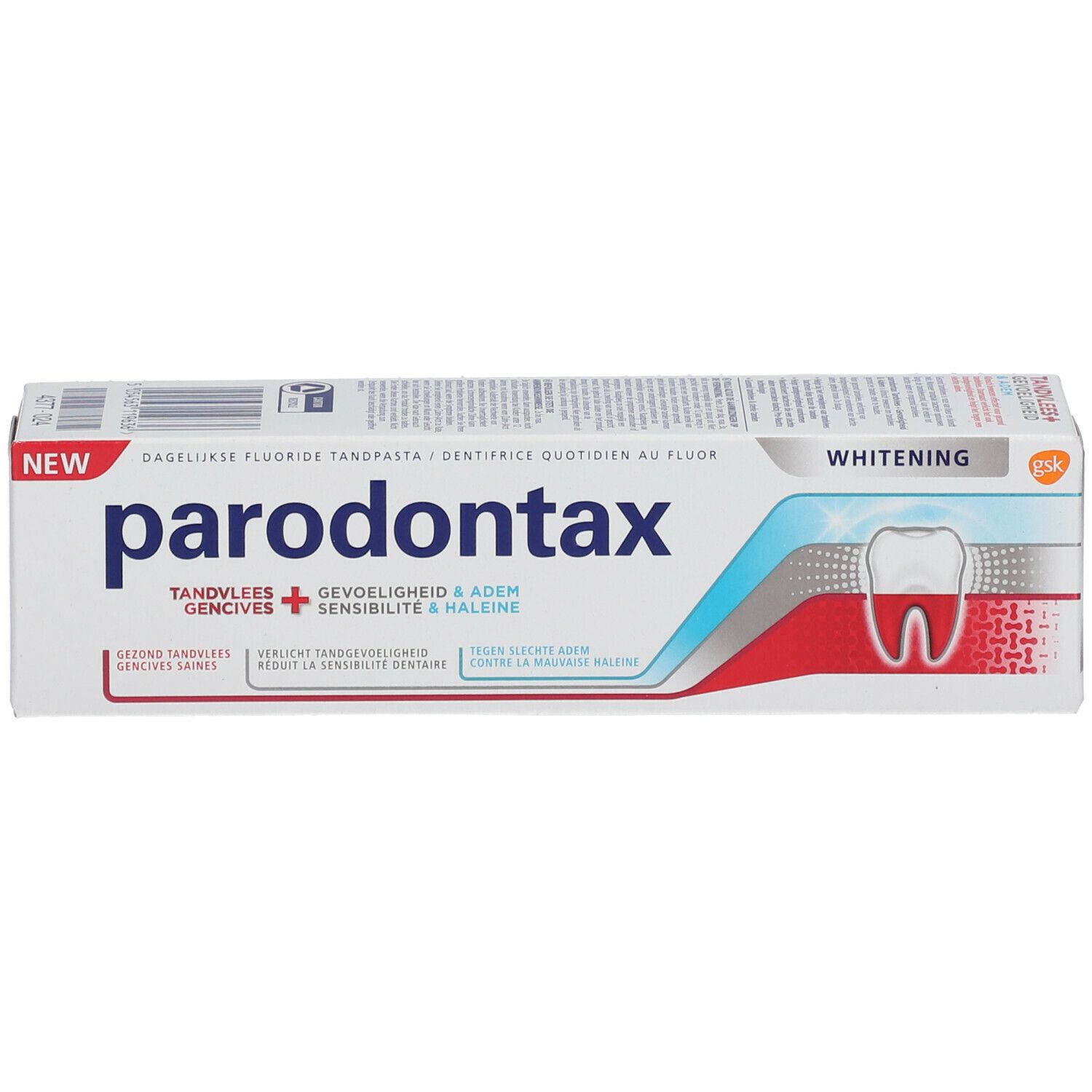 Emballage de dentifrice Parodontax. Blanc, rouge et bleu. Texte : Whitening, gencives, sensibilité & haleine.