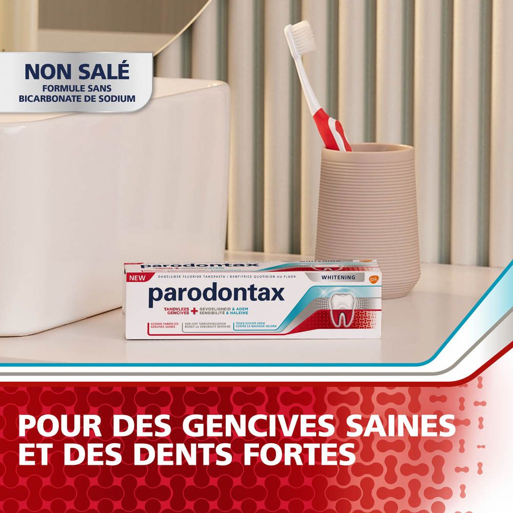 Emballage de dentifrice Parodontax. Blanc, rouge et bleu. Texte : Whitening, gencives, sensibilité & haleine.