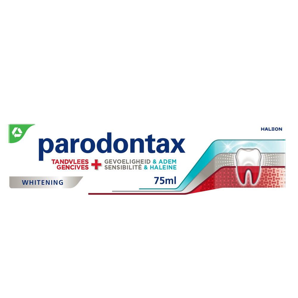 Tube de dentifrice Parodontax. Blanc, rouge et bleu. Texte : Whitening, gencives, sensibilité & haleine.