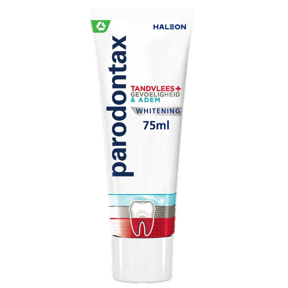 Tube de dentifrice Parodontax. Blanc, rouge et bleu. Texte : Whitening, gencives, sensibilité & haleine.