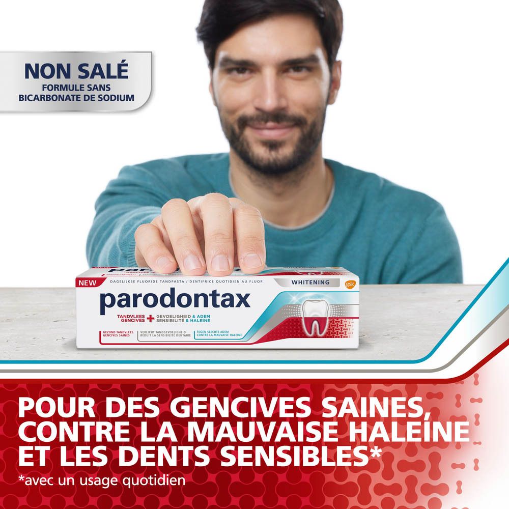 Emballage de dentifrice Parodontax. Blanc, rouge et bleu. Texte : Whitening, gencives, sensibilité & haleine.