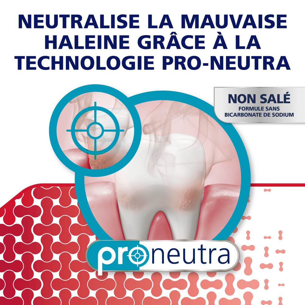 Emballage de dentifrice Parodontax. Blanc, rouge et bleu. Texte : Whitening, gencives, sensibilité & haleine.
