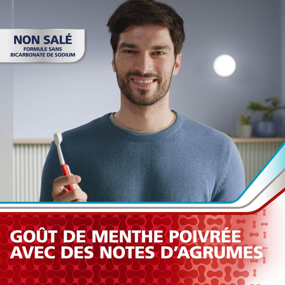 Emballage de dentifrice Parodontax. Blanc, rouge et bleu. Texte : Whitening, gencives, sensibilité & haleine.