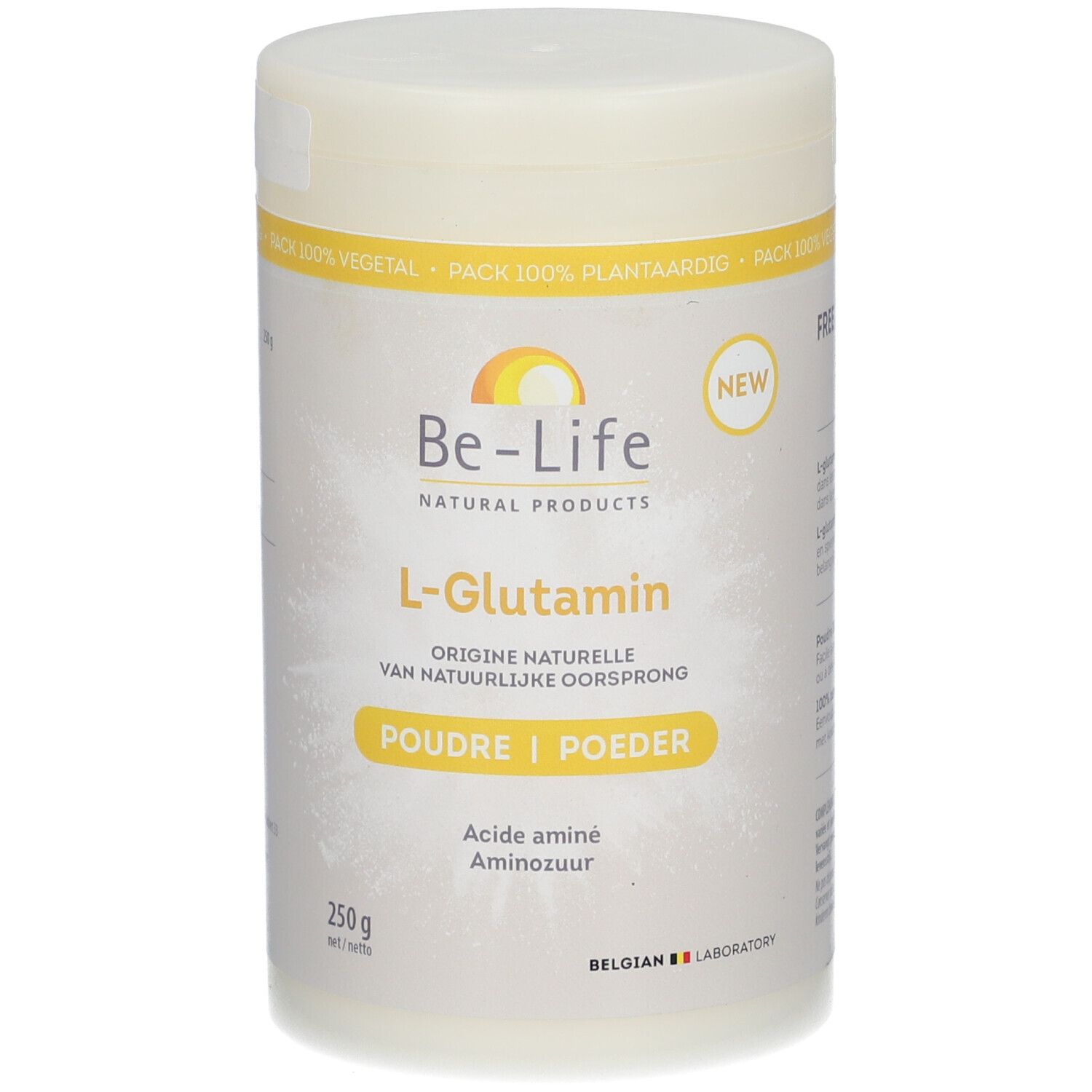 Pot Be-Life L-Glutamine poeder. Witte pot met gele accenten. Opschrift: L-Glutamine, Poudre/Poeder, 250g.