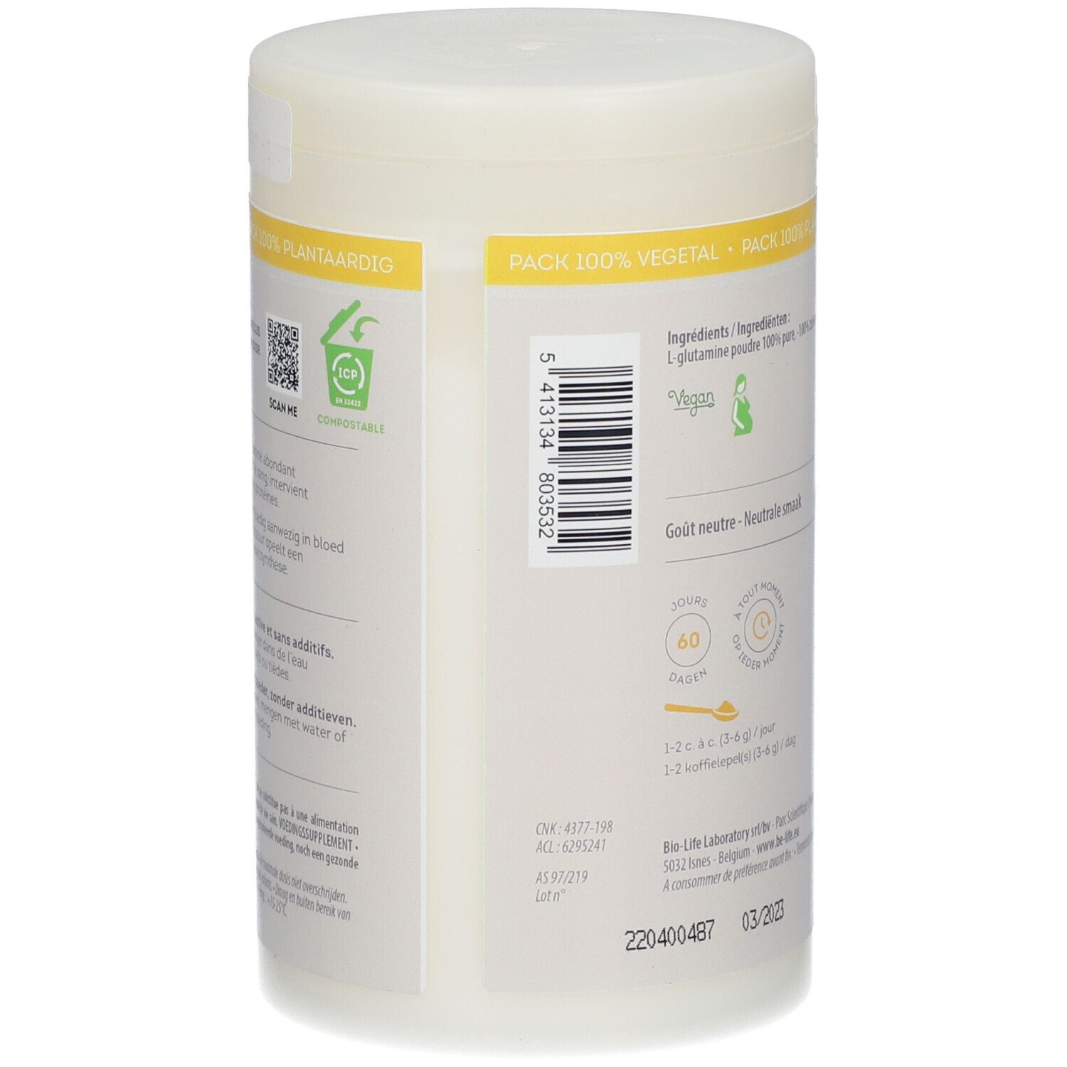 Achterkant van de Be-Life L-Glutamine pot. Bevat informatie over ingrediënten, Vegan logo, dosering en fabrikantenadres.