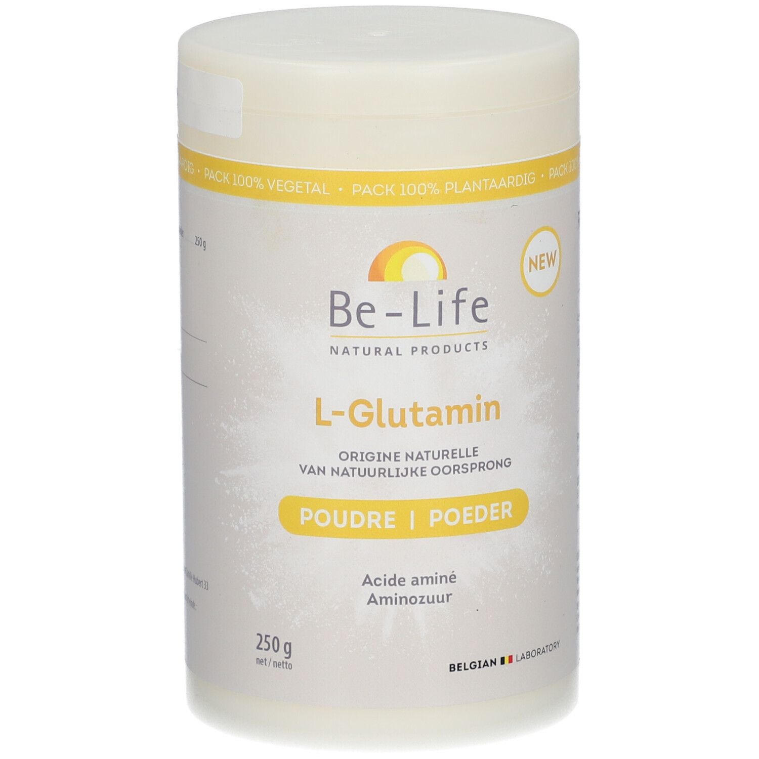 Pot Be-Life L-Glutamine poeder. Witte pot met gele accenten. Opschrift: L-Glutamine, Poudre/Poeder, 250g.