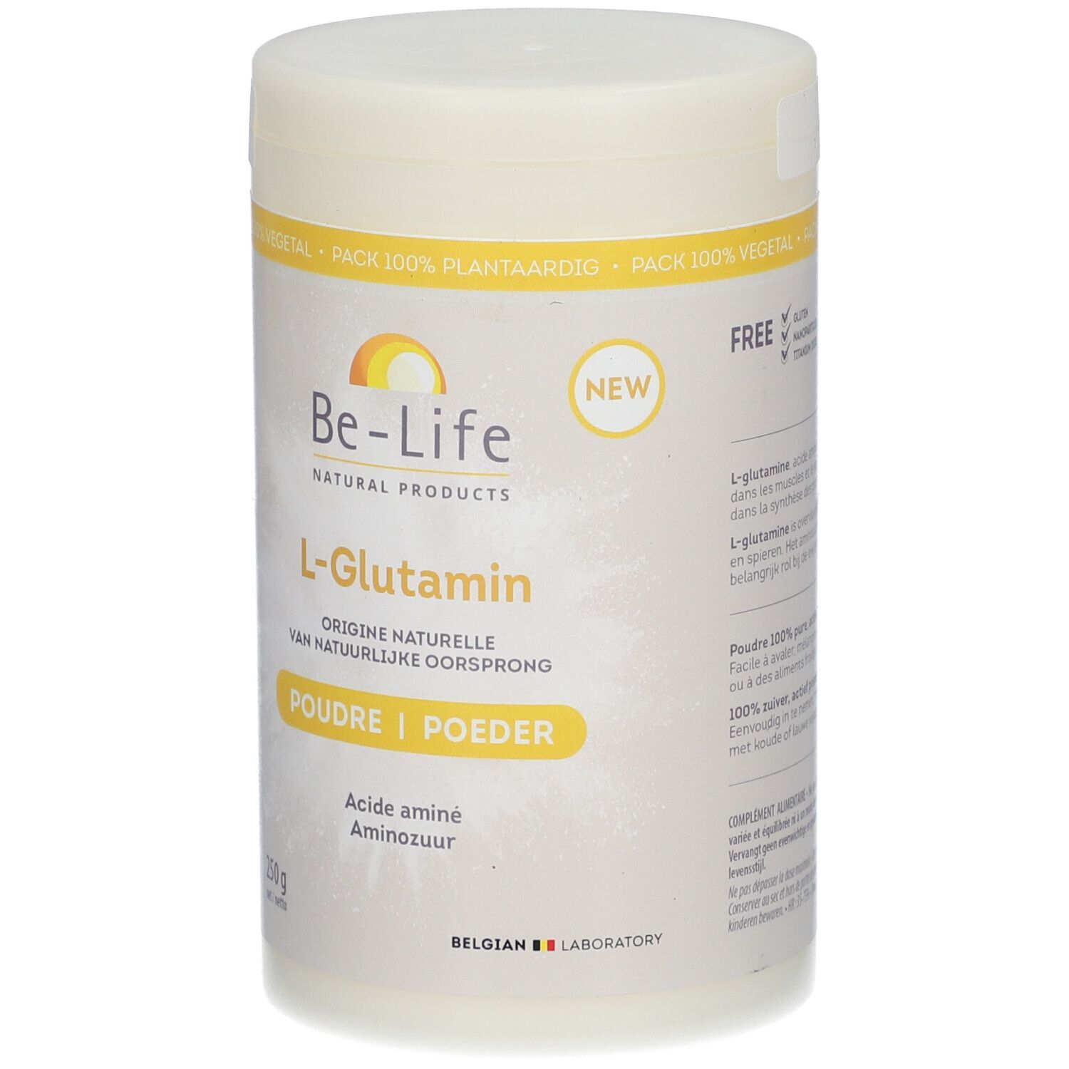 Pot Be-Life L-Glutamine poeder. Witte pot met gele accenten. Opschrift: L-Glutamine, Poudre/Poeder, 250g.
