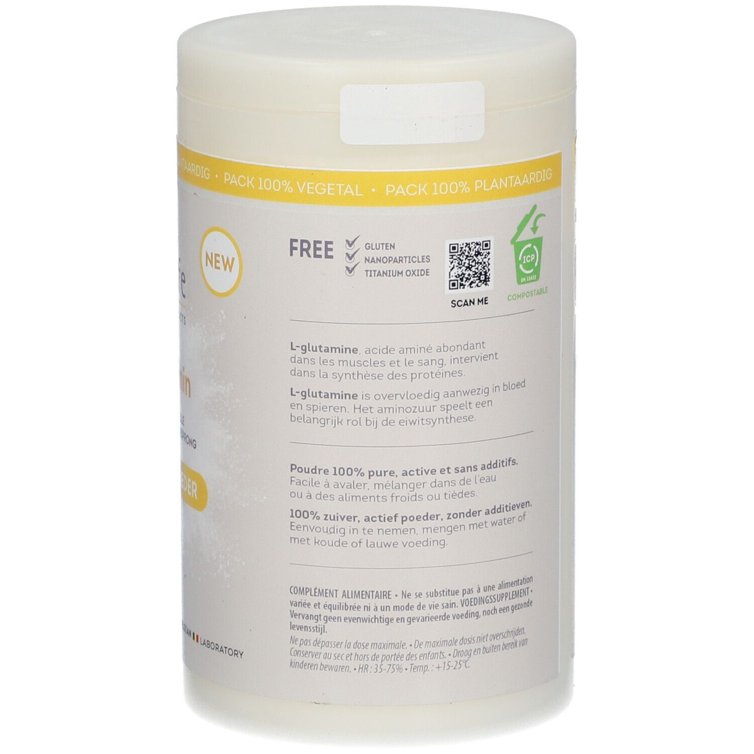 Achterkant van de Be-Life L-Glutamine pot. Bevat informatie over ingrediënten, Vegan logo, dosering en fabrikantenadres.