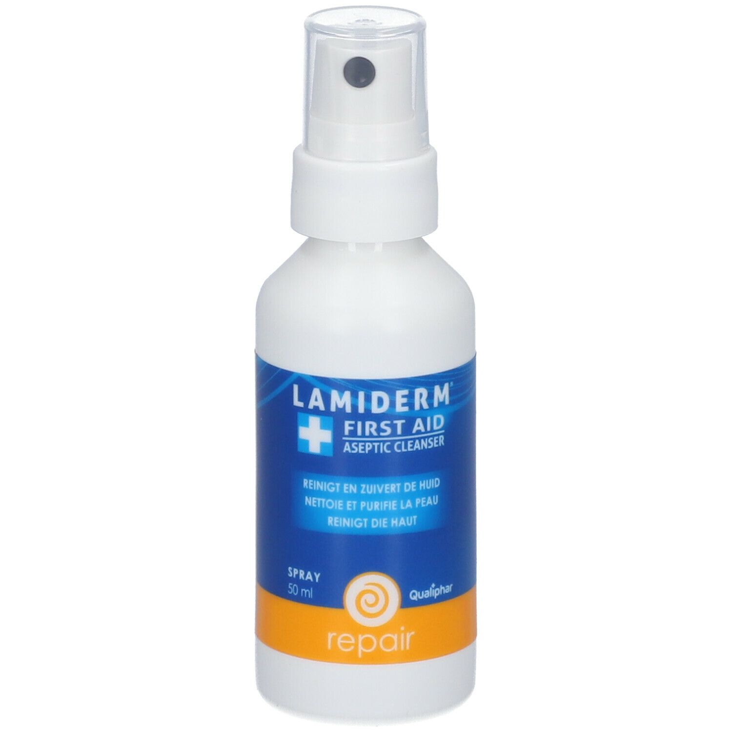 Witte spuitfles met blauw-oranje etiket. Opschrift: Lamiderm First Aid Aseptic Cleanser. Met sproeikop.