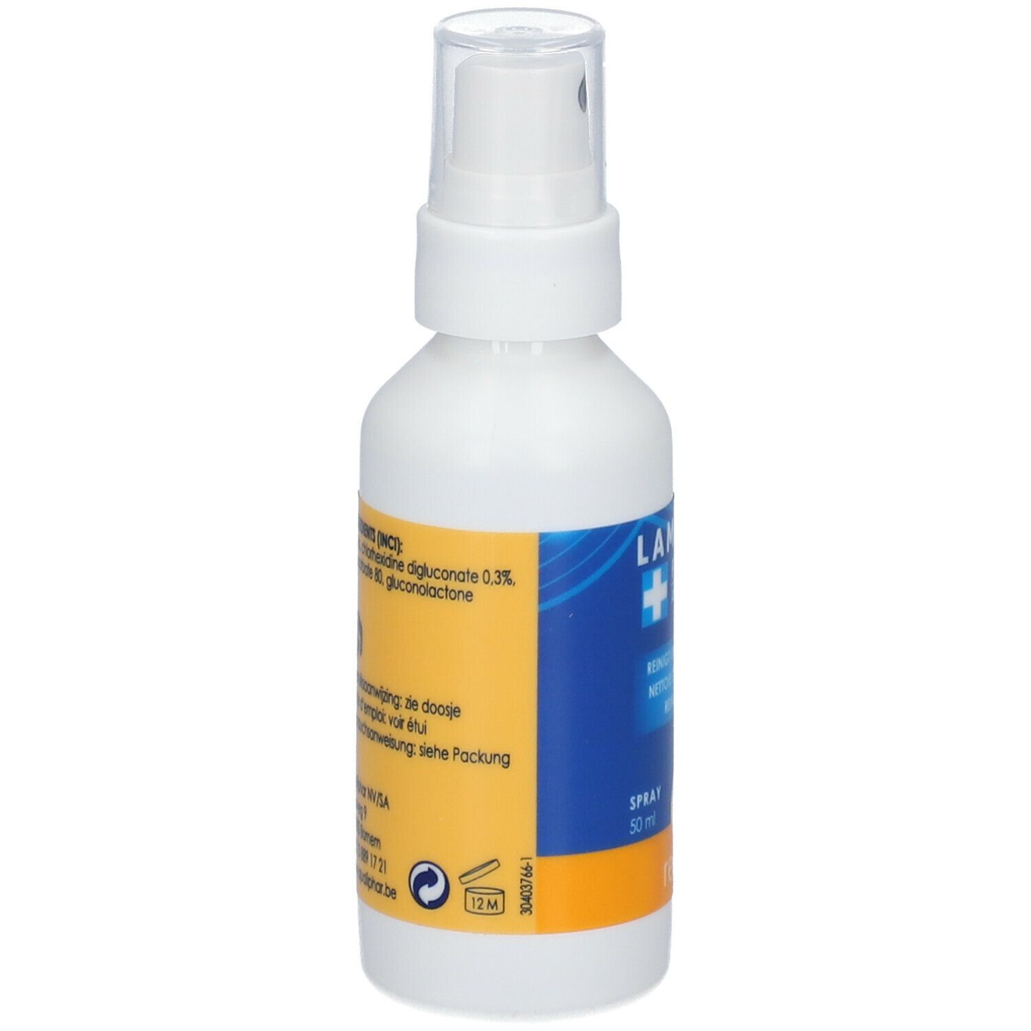 Witte spuitfles met blauw-oranje etiket. Opschrift: Lamiderm First Aid. Achterkant met ingrediënten en tekst.