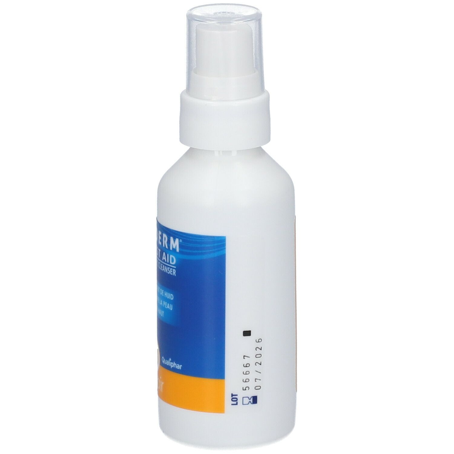 Witte spuitfles met blauw-oranje etiket. Opschrift: Lamiderm First Aid. Achterkant met tekst en houdbaarheidsdatum.