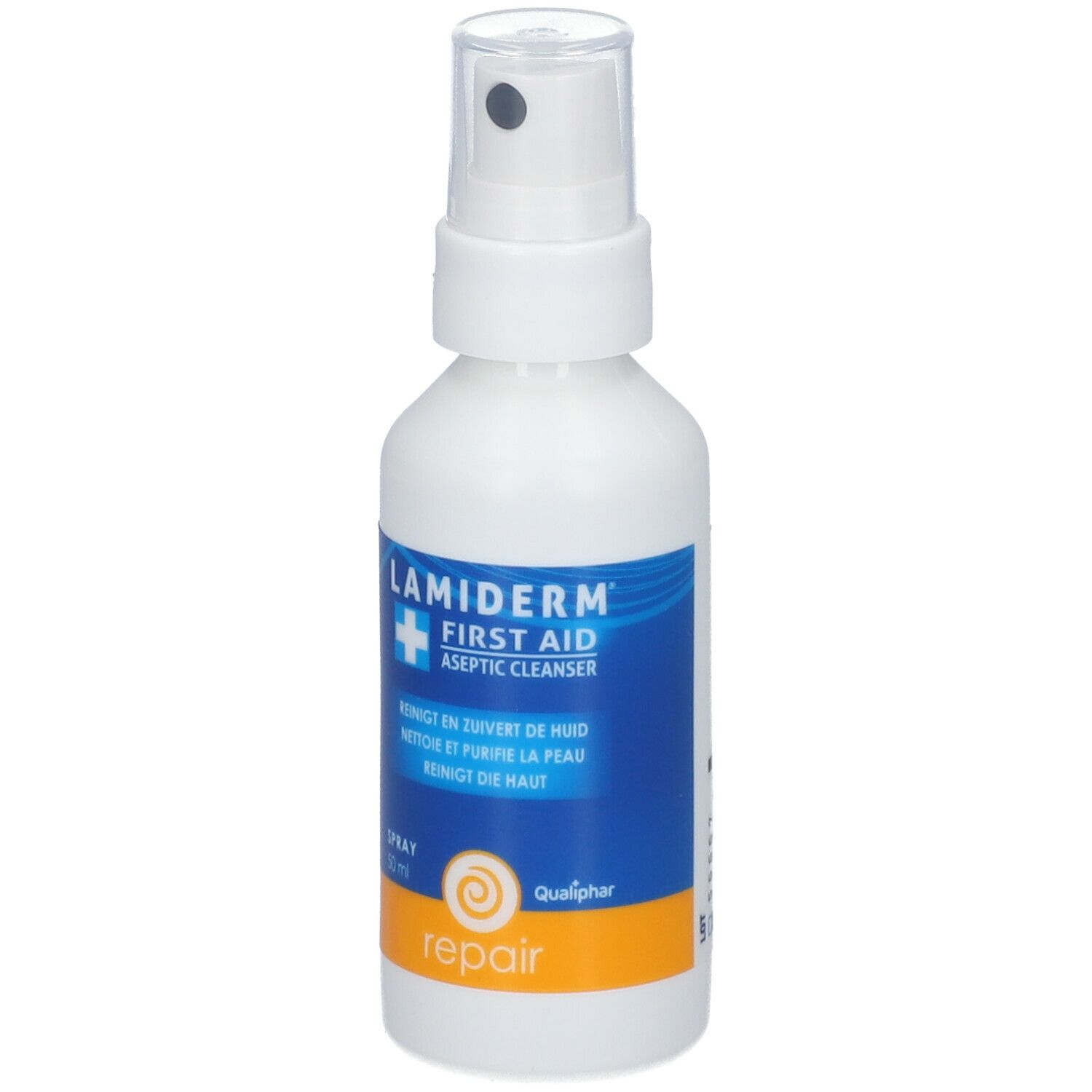 Witte spuitfles met blauw-oranje etiket. Opschrift: Lamiderm First Aid Aseptic Cleanser. Met sproeikop.