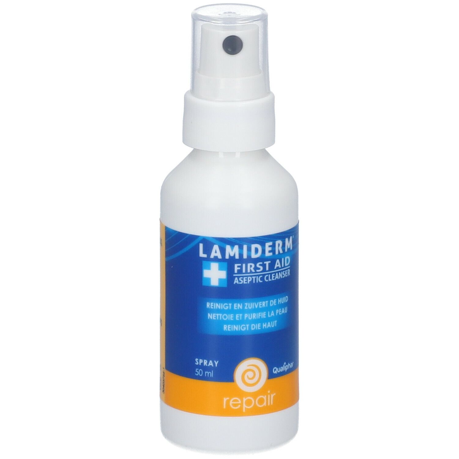 Witte spuitfles met blauw-oranje etiket. Opschrift: Lamiderm First Aid Aseptic Cleanser. Met sproeikop.