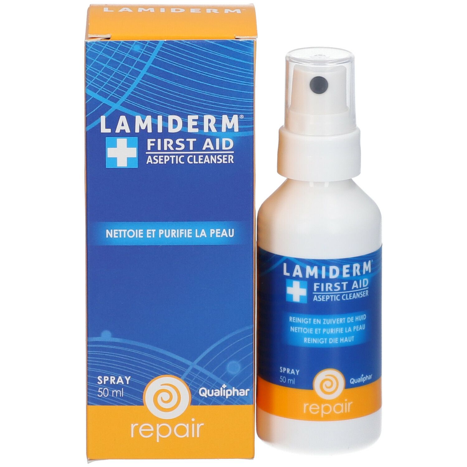 Productverpakking: doos en spuitfles. Opschrift: Lamiderm First Aid Aseptic Cleanser. Met sproeikop.