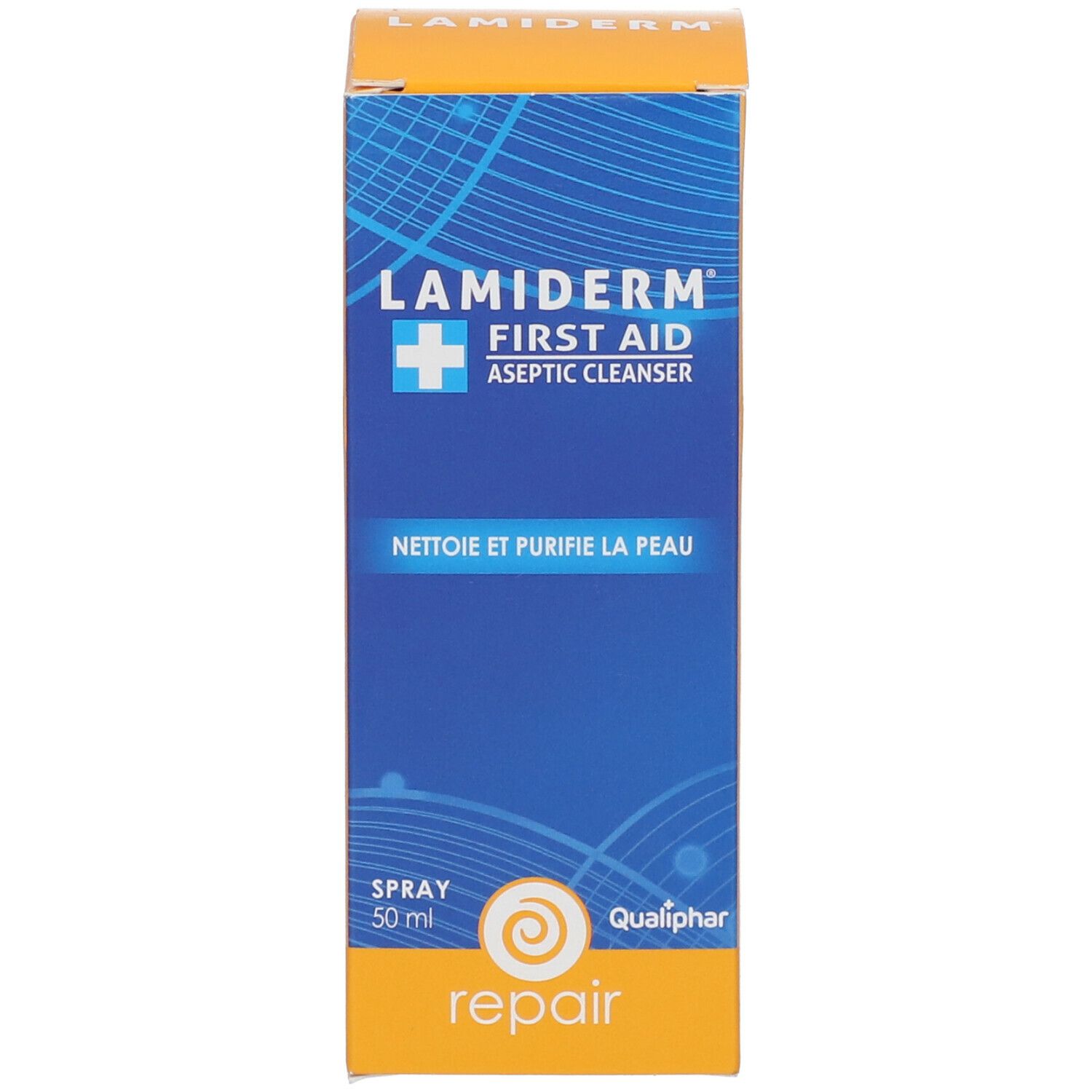 Productverpakking: doos met blauw-oranje ontwerp. Opschrift: Lamiderm First Aid Aseptic Cleanser.