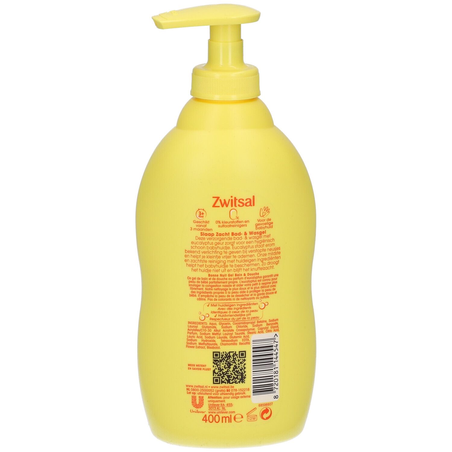 Dos d'un flacon jaune avec pompe doseuse. Texte: Zwitsal, Schlaf Zacht, Bad- & Waschgel. Code QR et indication de volume.