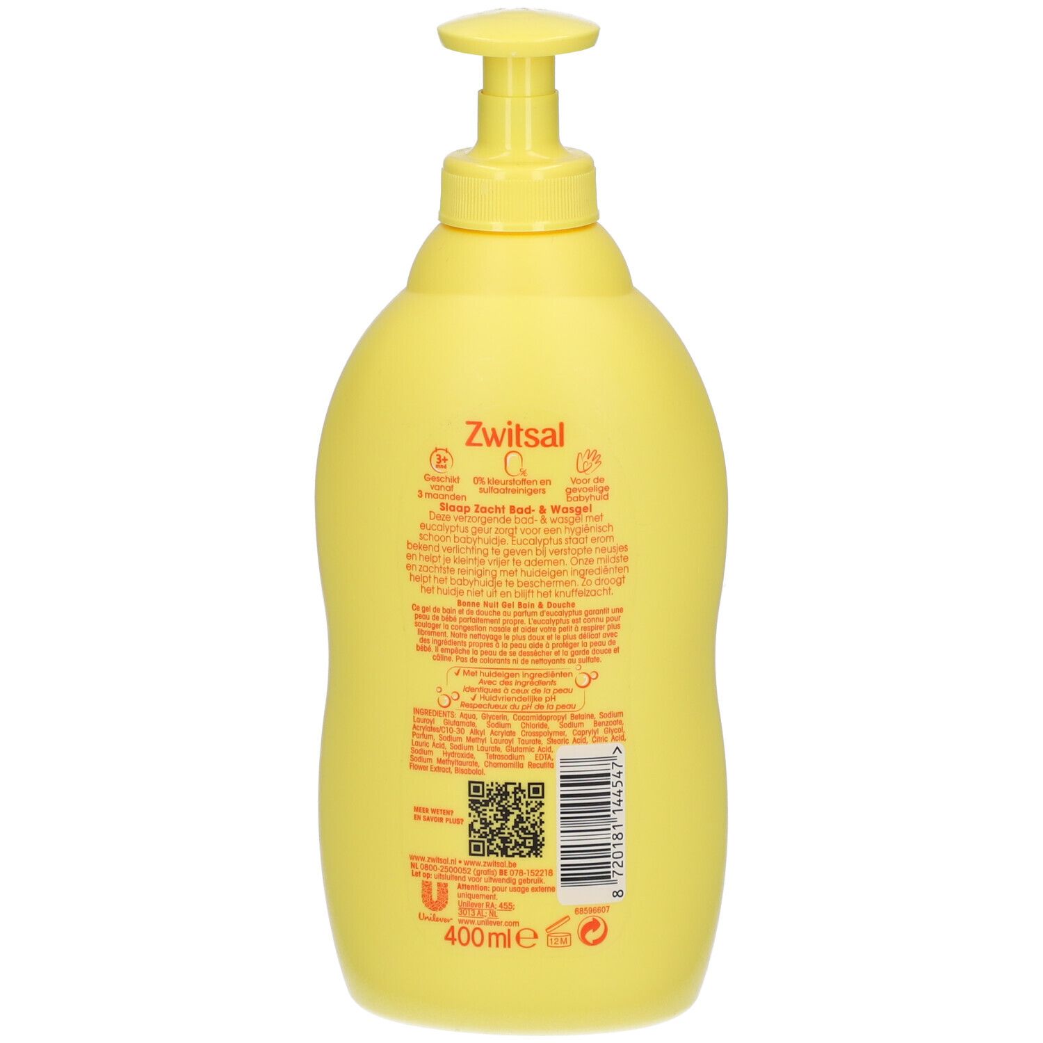 Dos d'un flacon jaune avec pompe doseuse. Texte: Zwitsal, Schlaf Zacht, Bad- & Waschgel. Code QR et indication de volume.