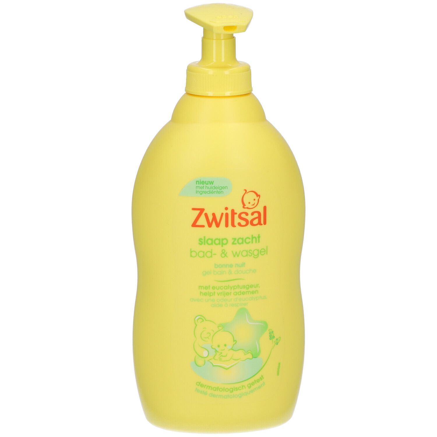 Flacon jaune avec pompe doseuse. Inscription: Zwitsal, Schlaf Zacht, Bad- & Waschgel. Illustration d'un bébé.