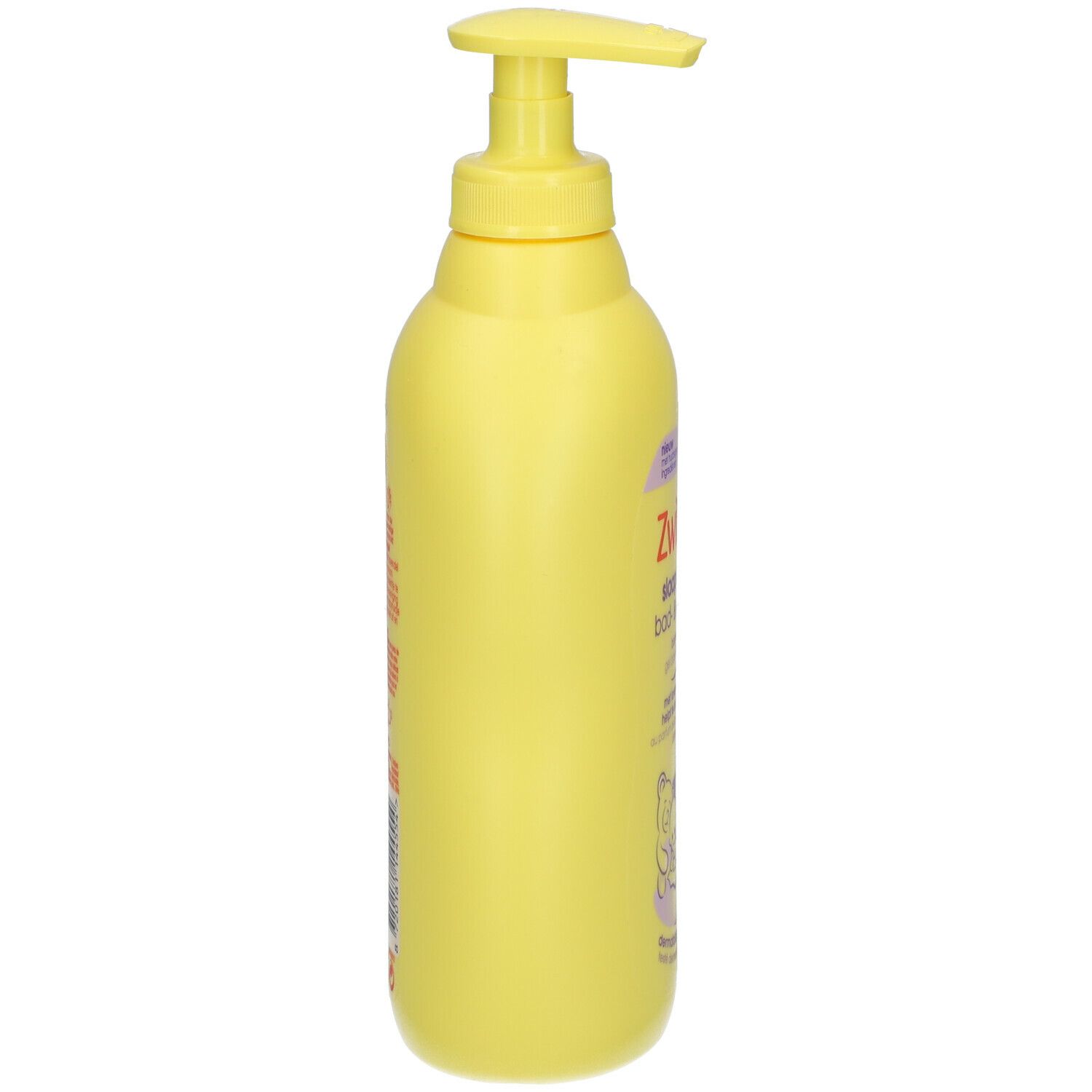 Gele fles met doseerpomp, zijaanzicht. Opschrift gedeeltelijk zichtbaar.