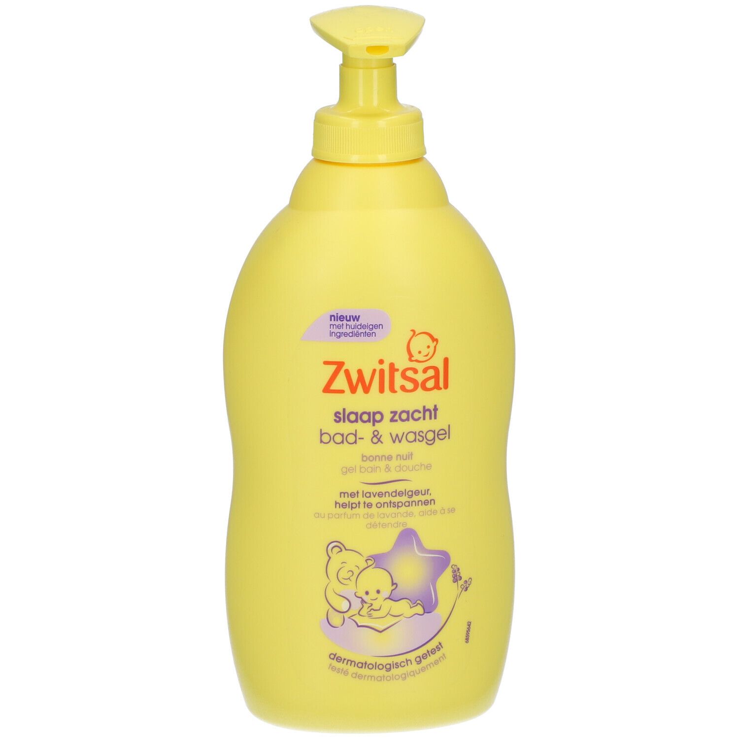 Gele fles met doseerpomp. Opschrift: Zwitsal Schlaf Gut Bade- & Waschgel. Met lavendelgeur.