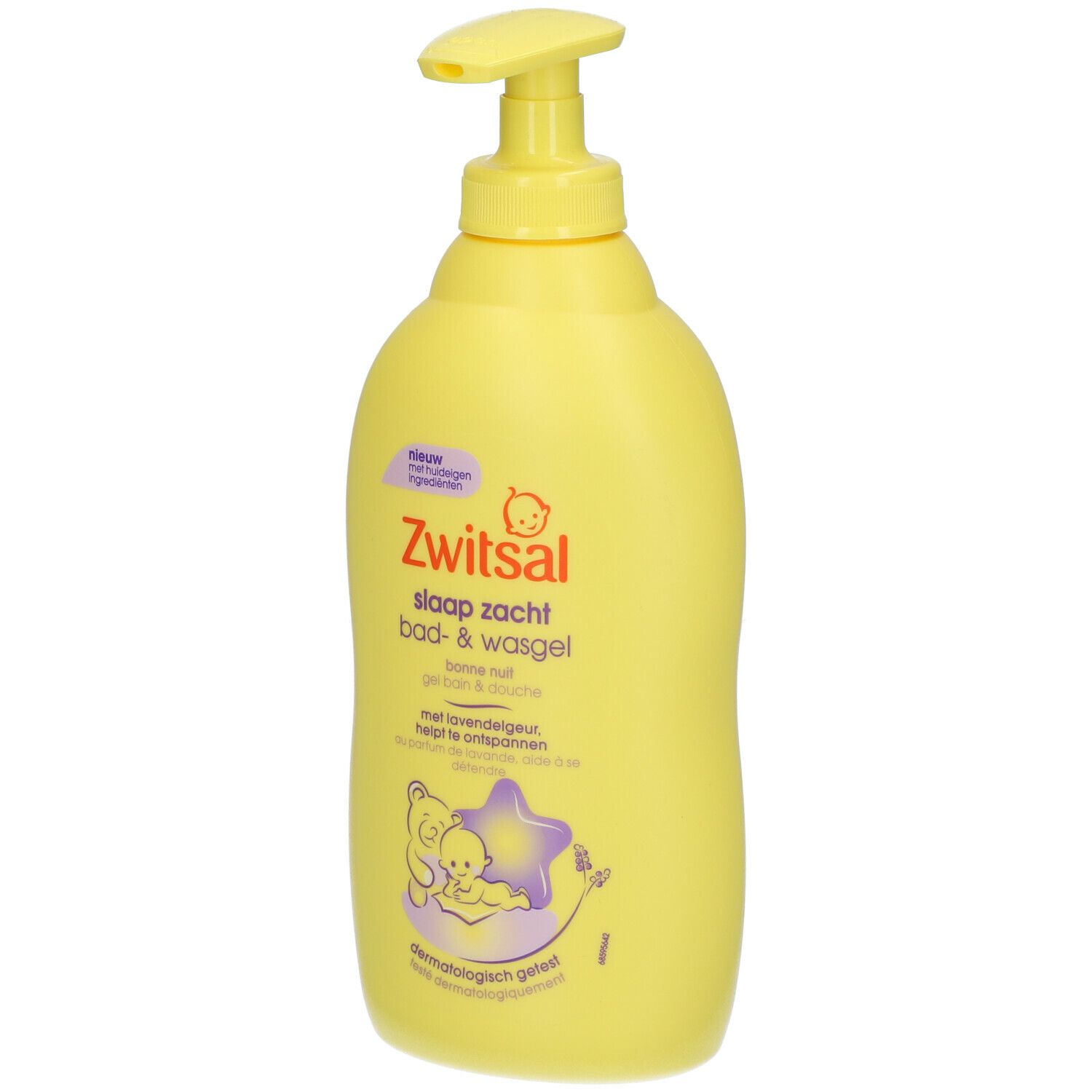 Gele fles met doseerpomp. Opschrift: Zwitsal Schlaf Gut Bade- & Waschgel. Met lavendelgeur.