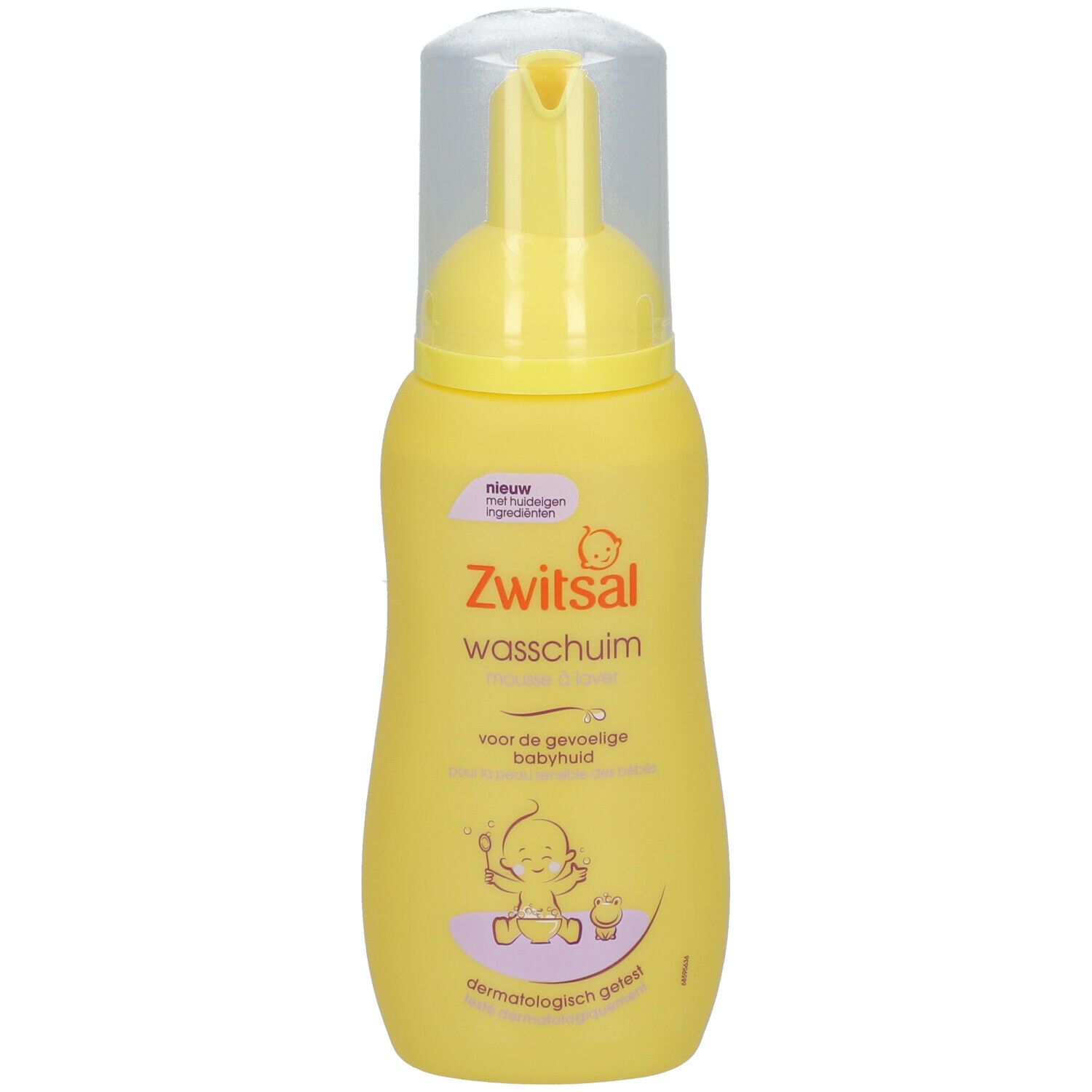 Gele fles met doseerpomp. Opschrift: Zwitsal Waschschaum. Voor de gevoelige babyhuid. Dermatologisch getest.