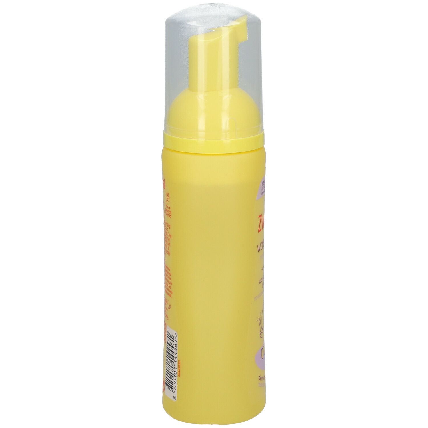 Gele fles met doseerpomp. Opschrift: Zwitsal Waschschaum. Voor de gevoelige babyhuid. Productinformatie op de zijkant.
