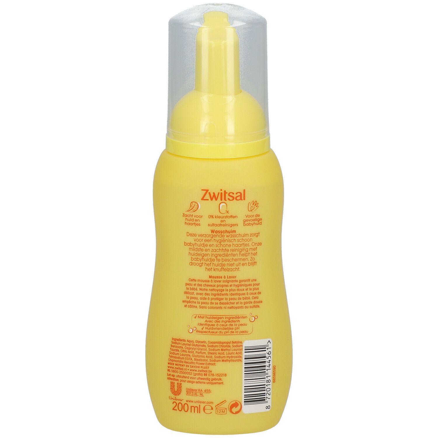 Gele fles met doseerpomp. Opschrift: Zwitsal Waschschaum. Productinformatie en ingrediënten op de achterkant.
