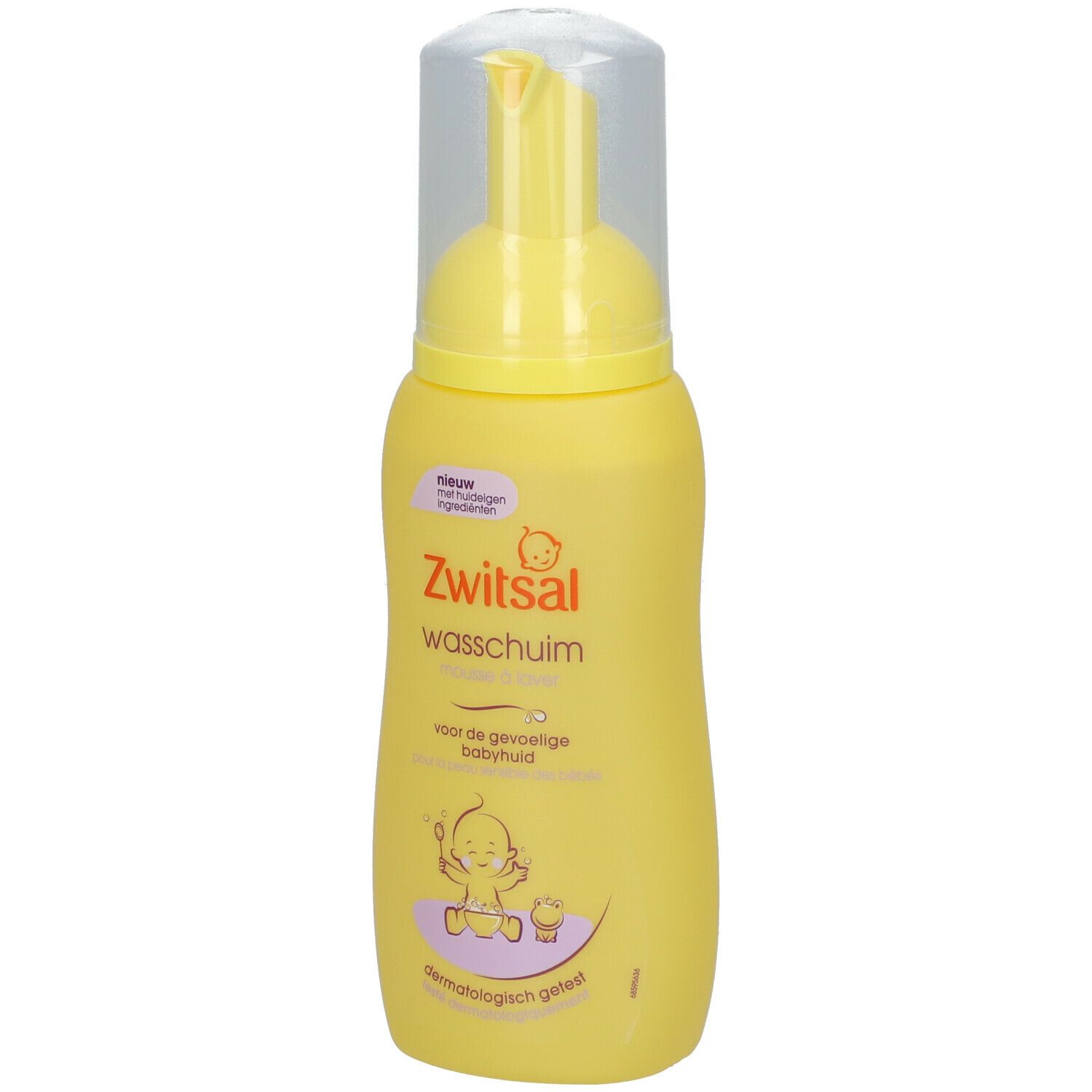 Gele fles met doseerpomp. Opschrift: Zwitsal Waschschaum. Voor de gevoelige babyhuid. Dermatologisch getest.