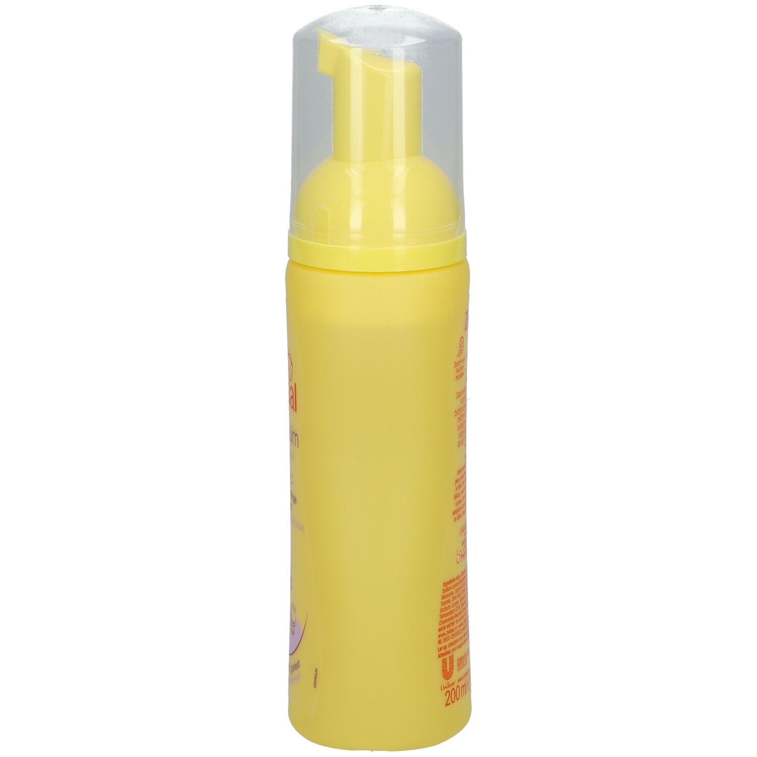 Gele fles met doseerpomp. Opschrift: Zwitsal Waschschaum. Productinformatie en ingrediënten op de zijkant.