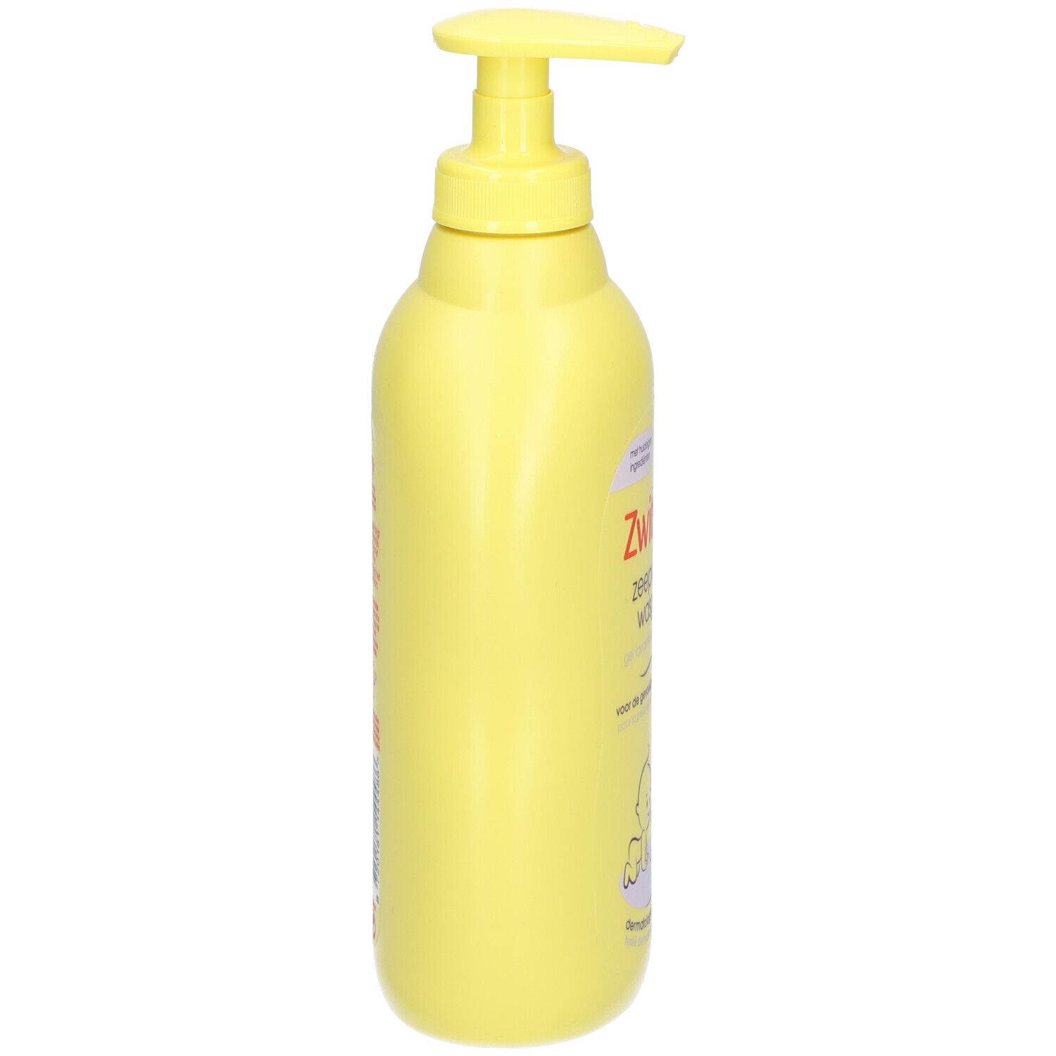 Gele fles met doseerpomp, zijaanzicht. Opschrift: Zwitsal, zeepvrije wasgel.