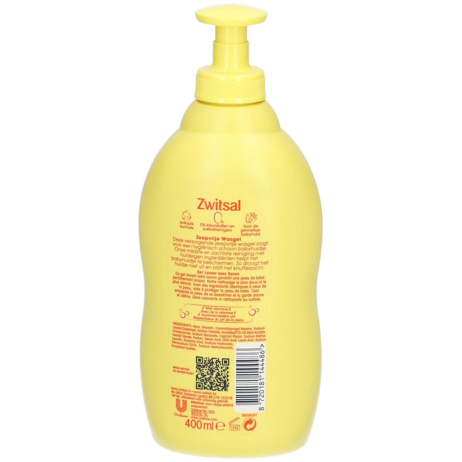 Gele fles met doseerpomp, achterkant. Opschrift: Zwitsal, zeepvrije wasgel. Ingrediënten, QR-code.