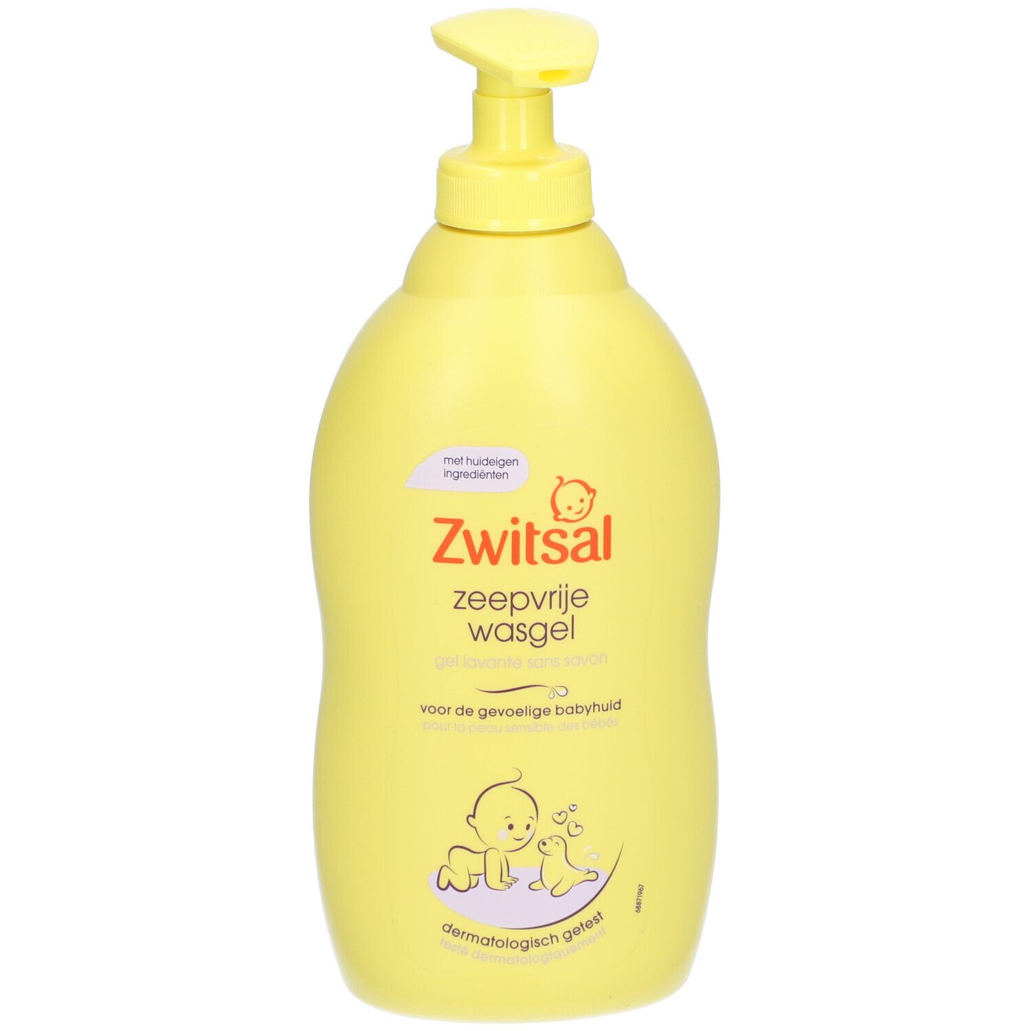 Gele fles met doseerpomp. Opschrift: Zwitsal, zeepvrije wasgel. Voor de gevoelige babyhuid.