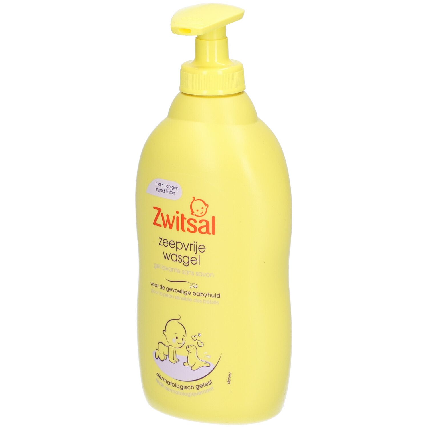 Gele fles met doseerpomp. Opschrift: Zwitsal, zeepvrije wasgel. Voor de gevoelige babyhuid.